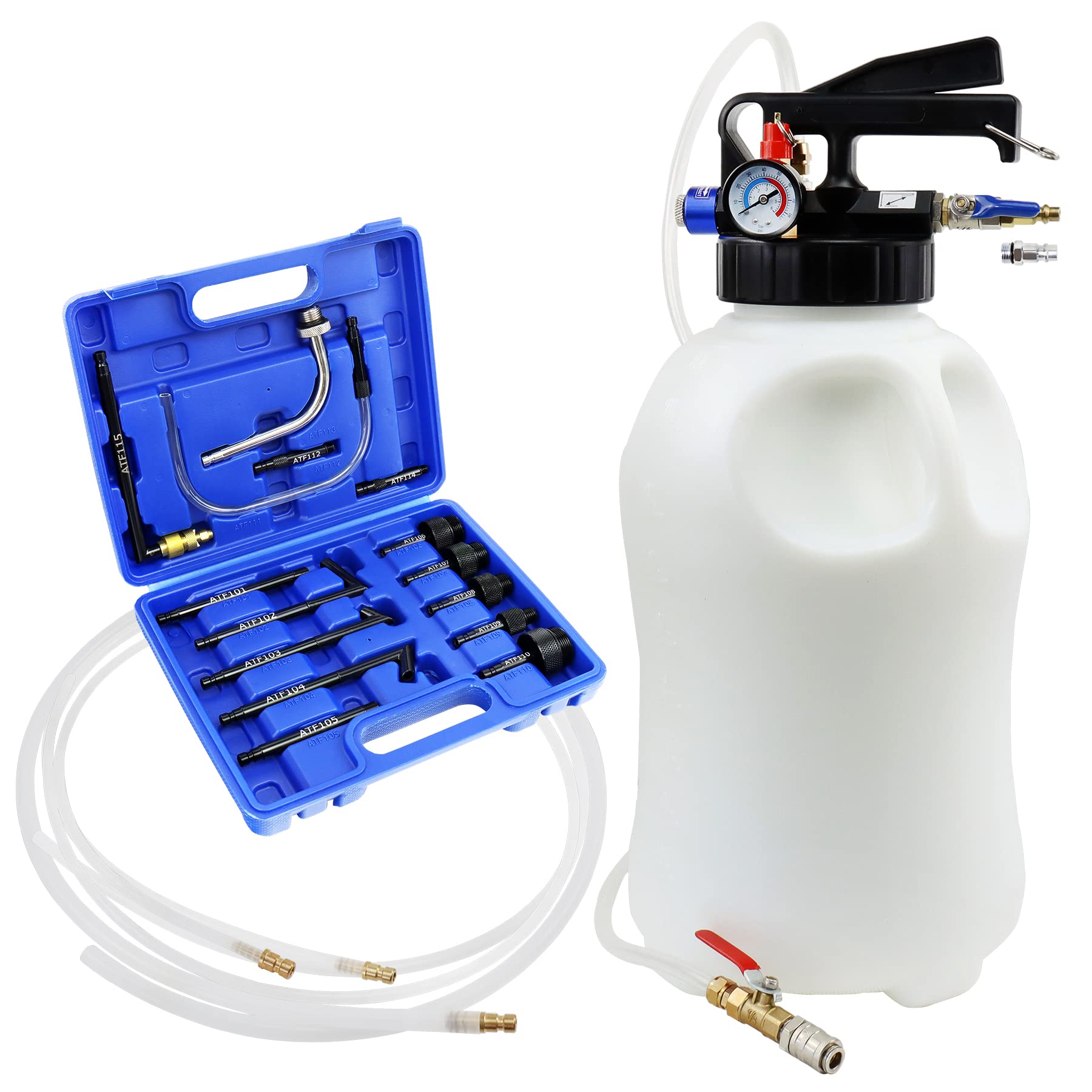 JoyFans 10L Pneumatic Transmission Fluid Pump Extractor & Dispenser - Gearbox Oil Transfer System with 15PCS ATF Adapters - Professional Refill & Evacuation Tool Kit for Most Garage Shop Vehicles - Ideal for Car Maintenance, Fluid Changes & Workshop Repairs