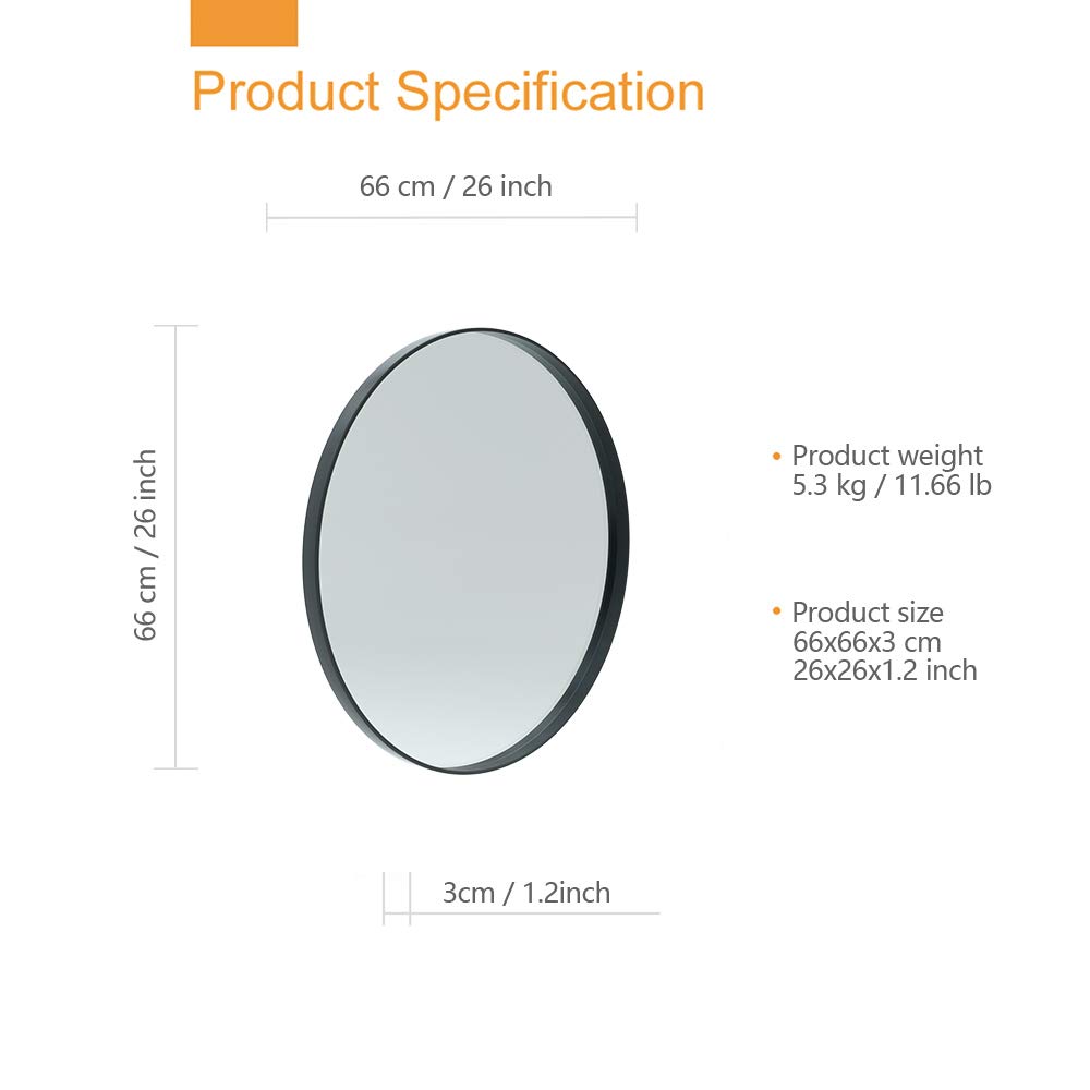26-Inch Round Wall Mirror with Premium Brushed Metal Frame - Black Bathroom Vanity Mirror for Entryway, Living Room & Bedroom Decor - Perfect for Makeup, Home Decor & Small Spaces
