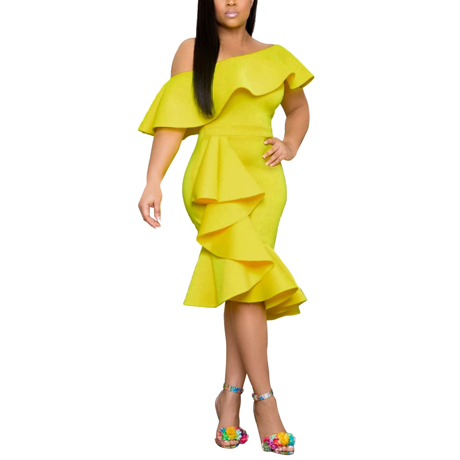Elegant Women's Midi Dress with Ruffles & Back Zipper - Cocktail Party & Tea Length Dress for Ladies - Perfect for Evening Events, Weddings & Special Occasions