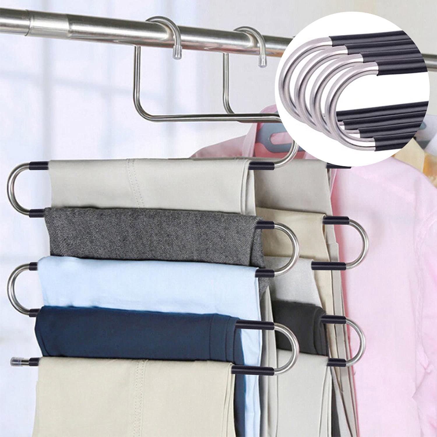 Devesanter 4-Pack S-Shape Stainless Steel Pants Hangers - Space Saving Non-Slip Closet Organizer for Trousers, Jeans & Scarves (Black) - Perfect for Closet Storage, Wardrobe Organization & Travel Packing