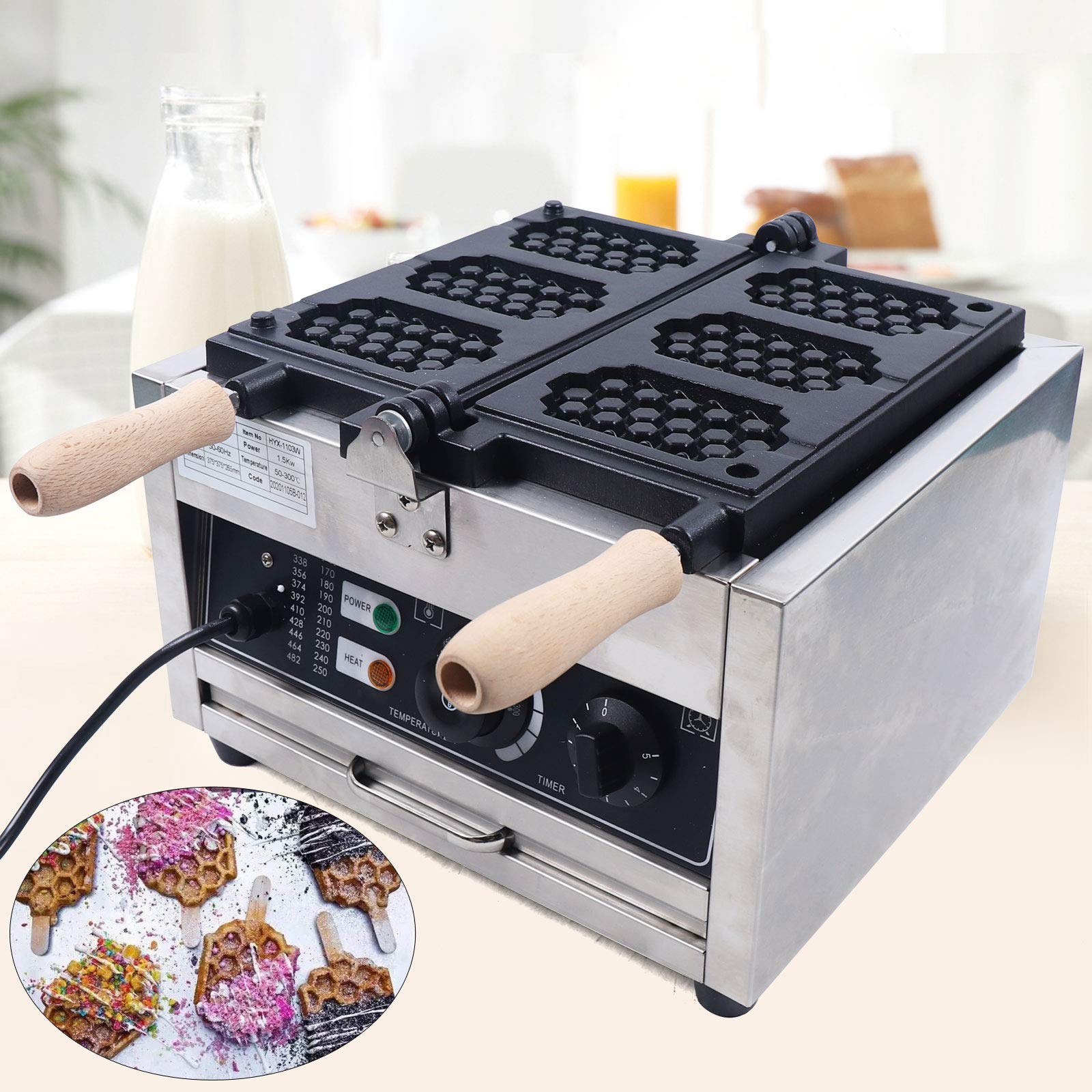 1500W Commercial Nonstick Electric Waffle Maker - 3-Piece Honeycomb Waffle Pop Maker Iron Machine with Durable Baker | Perfect for Breakfast, Brunch, Cafes & Restaurants