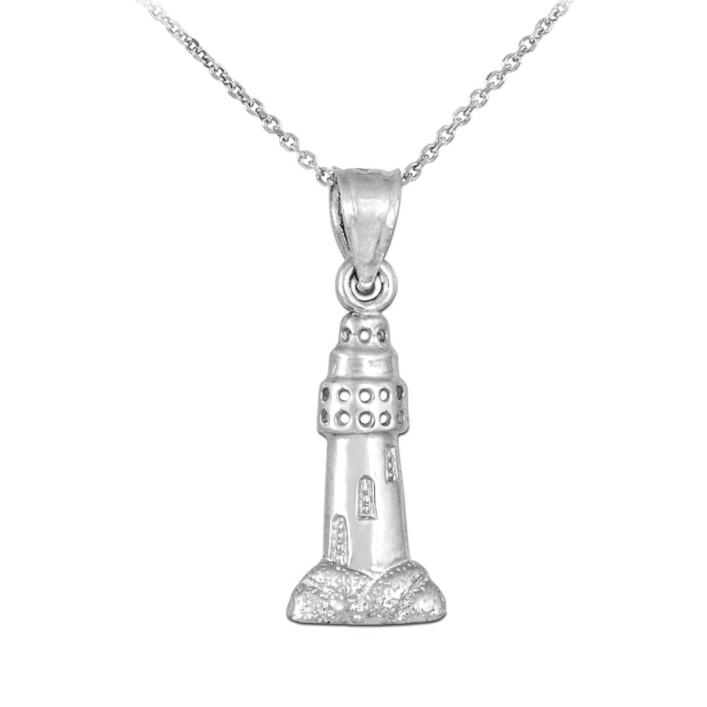 10k White Gold Lighthouse Charm Pendant Necklace for Beach Lovers