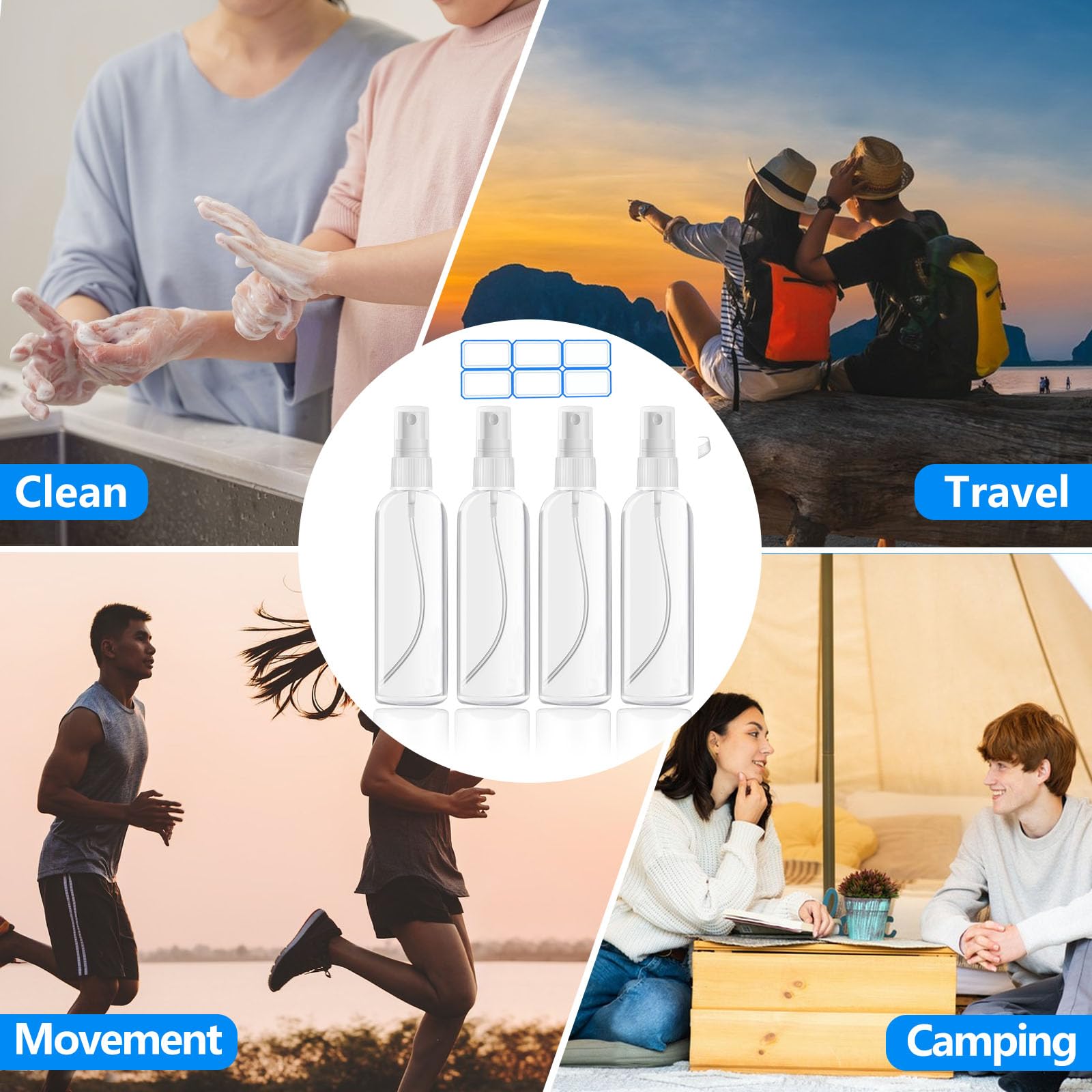 4 Pack 3.4 Oz (100ml) TSA Approved Travel Size Spray Bottles - Fine Mist Refillable Leak Proof Toiletry Containers with Labels for Shampoo, Lotion & Cosmetics | Perfect for Airplane Carry-on, Gym & Travel Essentials