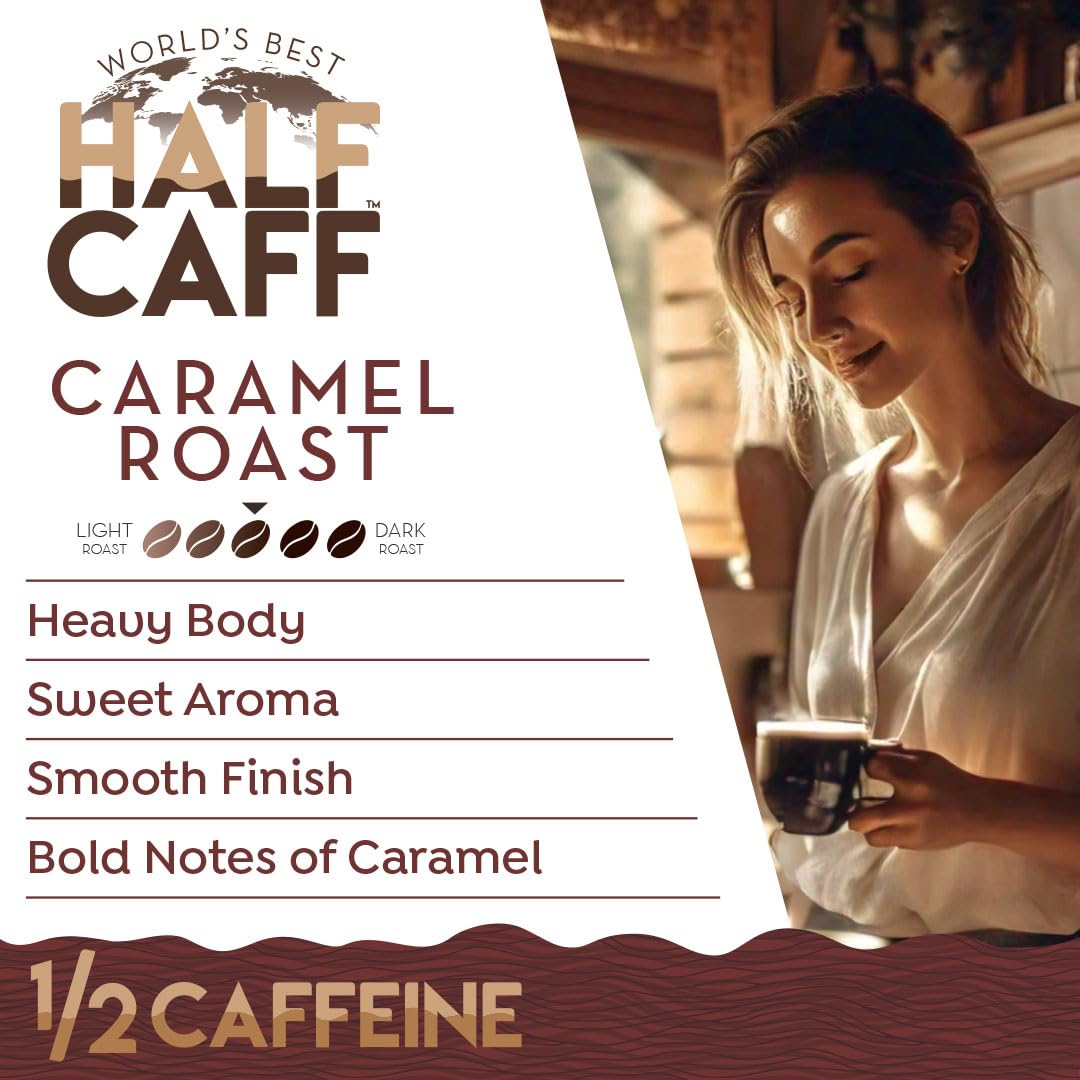 Best Half Caff Caramel Coffee Pods 18ct - Medium Roast Arabica K-Cups for Keurig | Recyclable Single Serve Pods | Perfect for Home, Office & Morning Brew