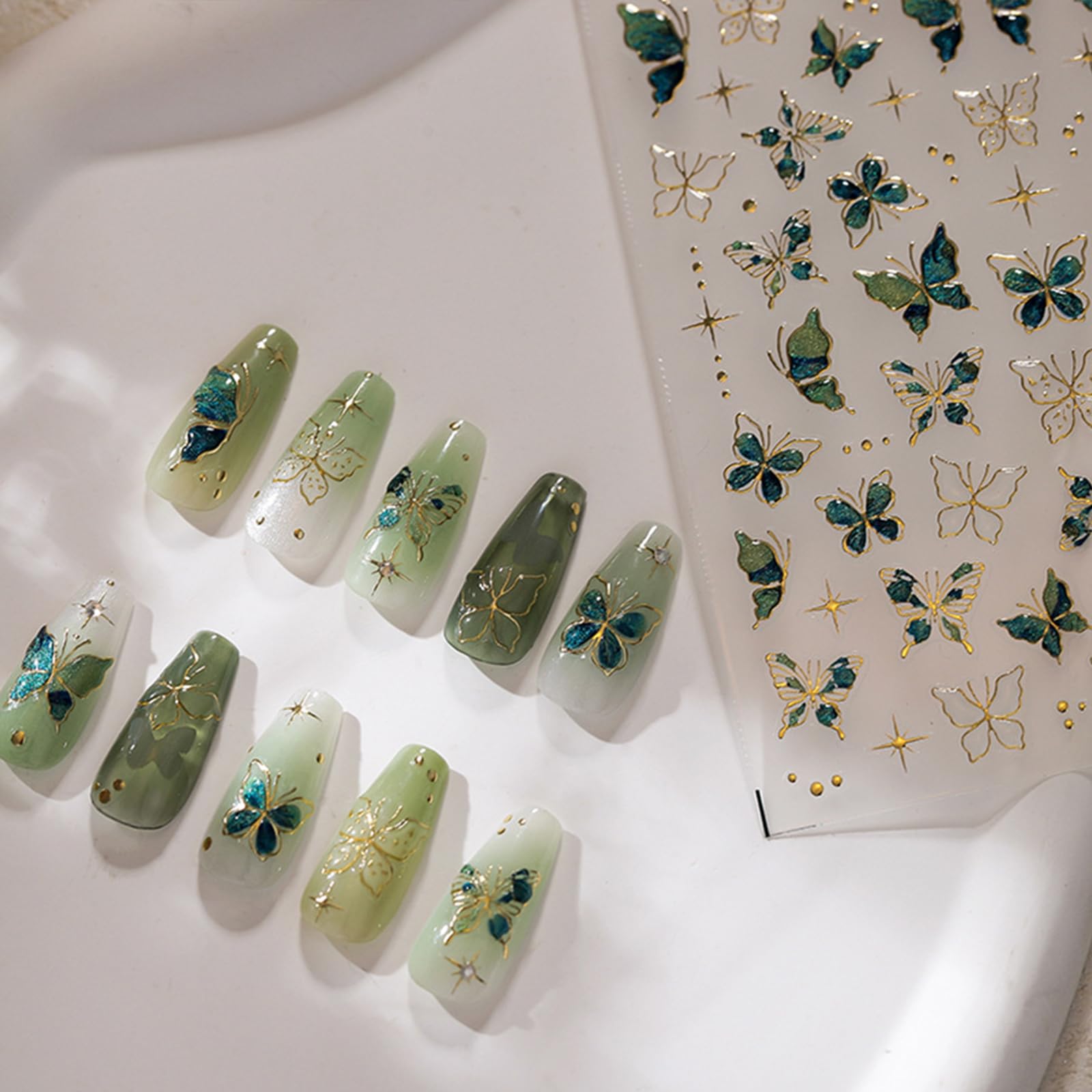 5D Self-Adhesive Green Butterfly Nail Art Stickers - Gold Edge Embossed Nail Decals with Glitter for Women & Girls | Perfect for Nail Art, Manicures, Parties & Special Occasions