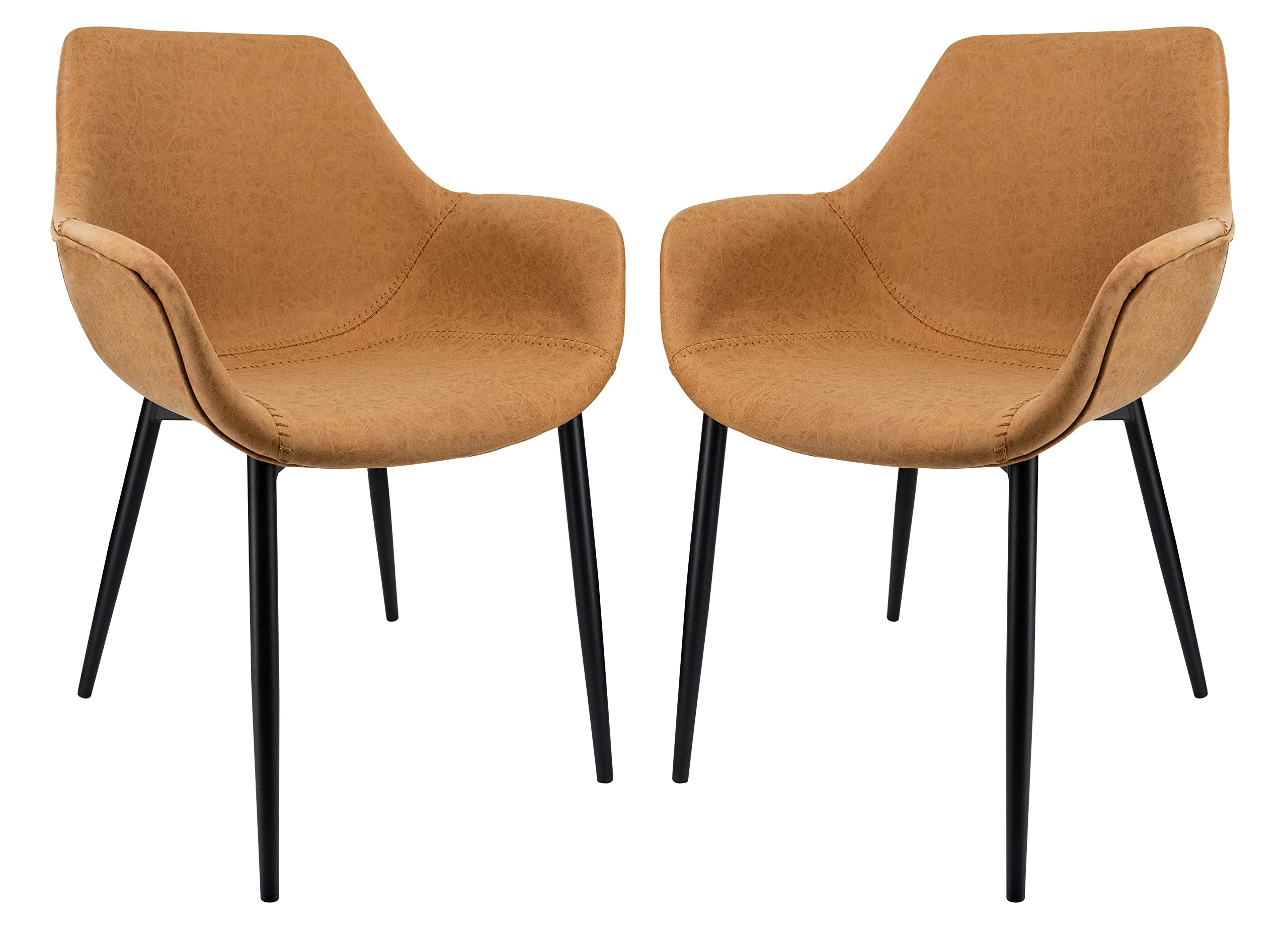 Modern Leather Dining Chairs Set of 2 - LeisureMod Markley Kitchen Armchairs with Sturdy Metal Legs in Light Brown - Perfect for Dining Room, Kitchen Island & Contemporary Home Decor