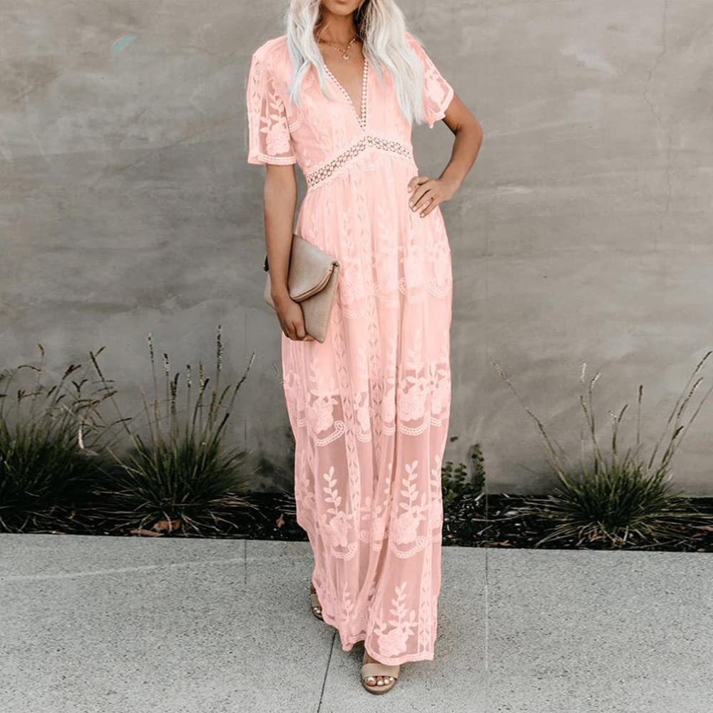 Elegant Floral Lace Wedding Dress for Women - V Neck Short Sleeve Maxi Gown for Bridal, Prom, Formal Events & Special Occasions