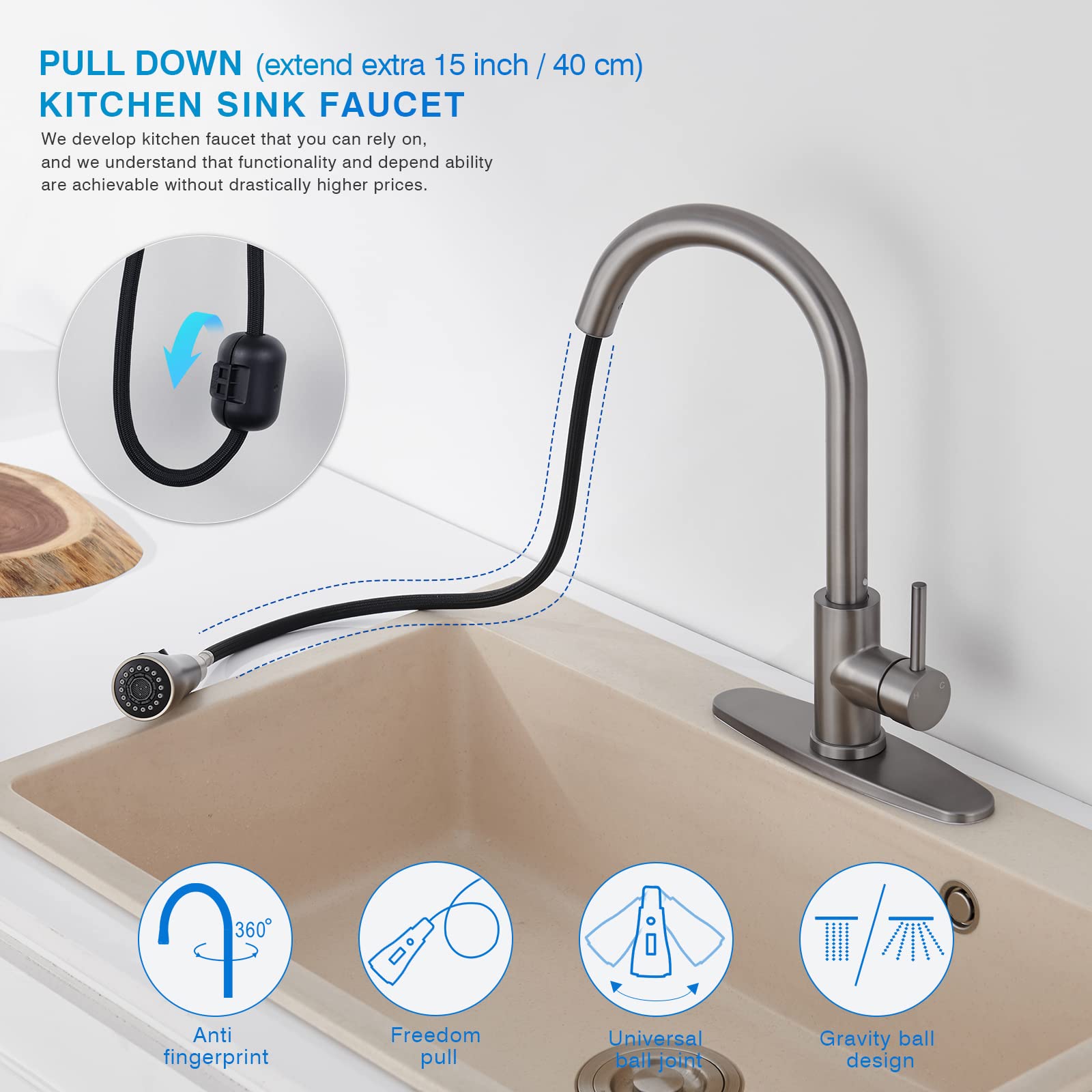 Brushed Nickel Kitchen Faucet with Pull-Down Sprayer - Sleek, Classic Design for Effortless Cleaning, Matte Gray Finish, Perfect for Modern and Traditional Kitchens