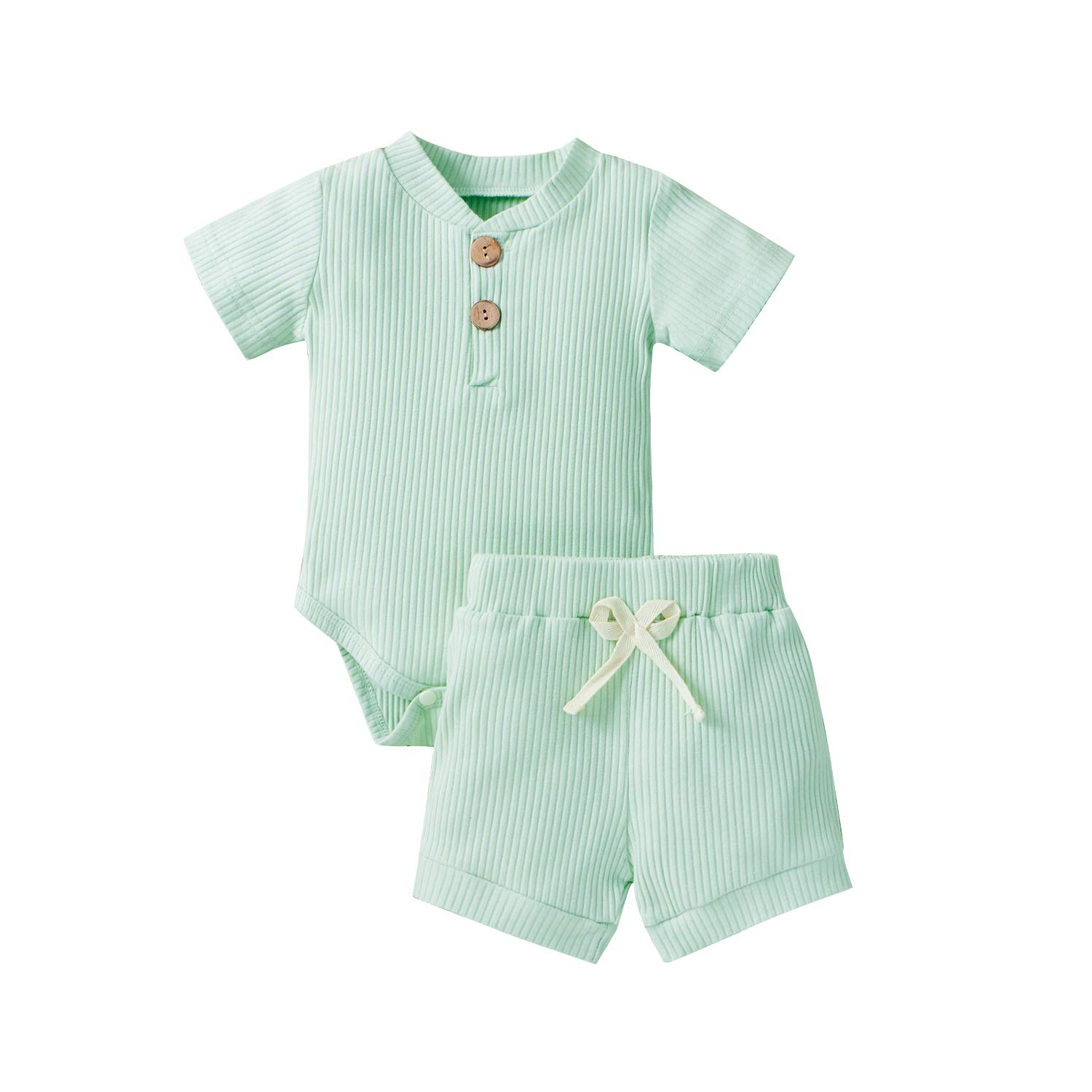 Newborn Baby Boy & Girl Summer Outfits - 2PCS Unisex Waffle Cotton Short Sleeve Romper & Shorts Set - Perfect for Playtime, Beach Trips & Family Photos