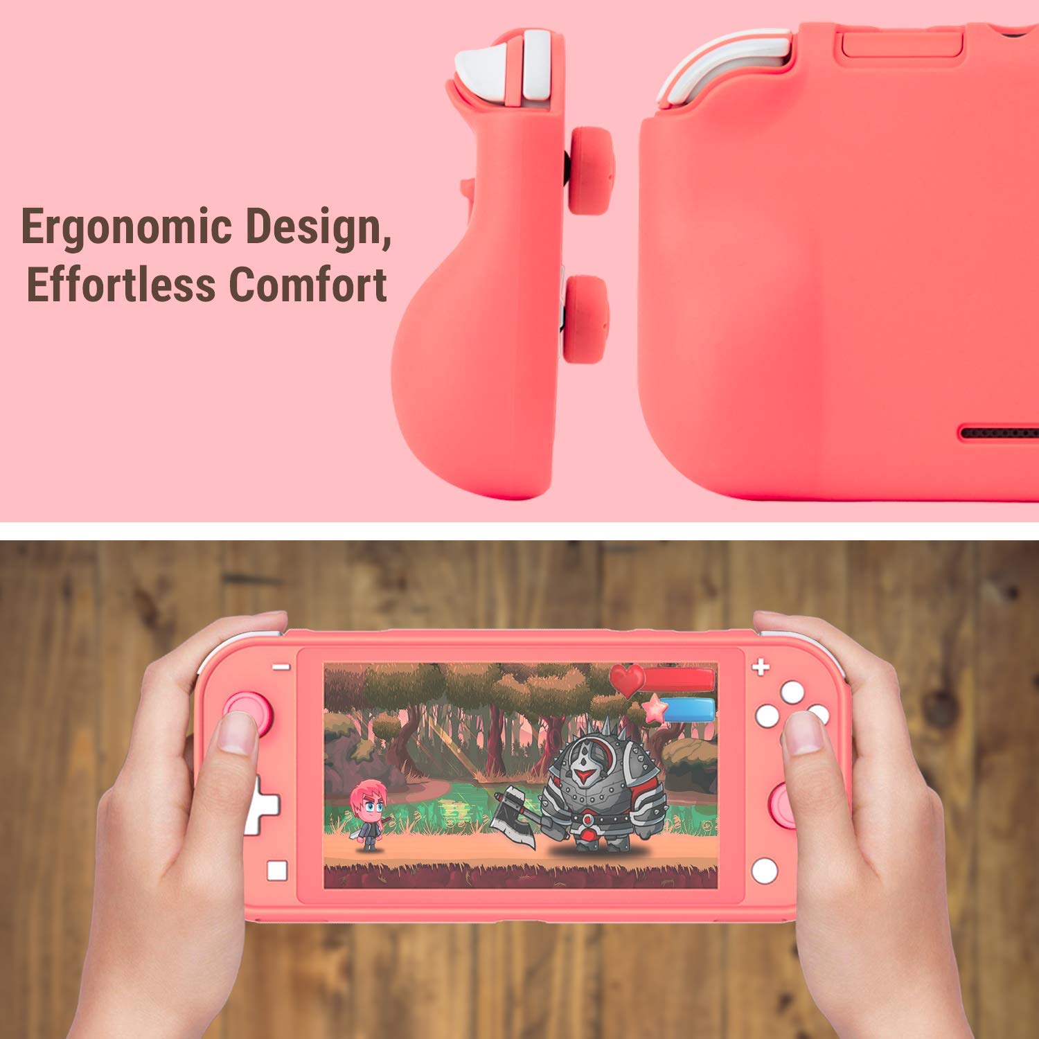 Orzly Comfort Grip Case for Nintendo Switch Lite - Padded Hand Grips, Adjustable Kickstand & Bonus Thumb Grips - Coral | Perfect for Gaming On-The-Go & Travel Protection