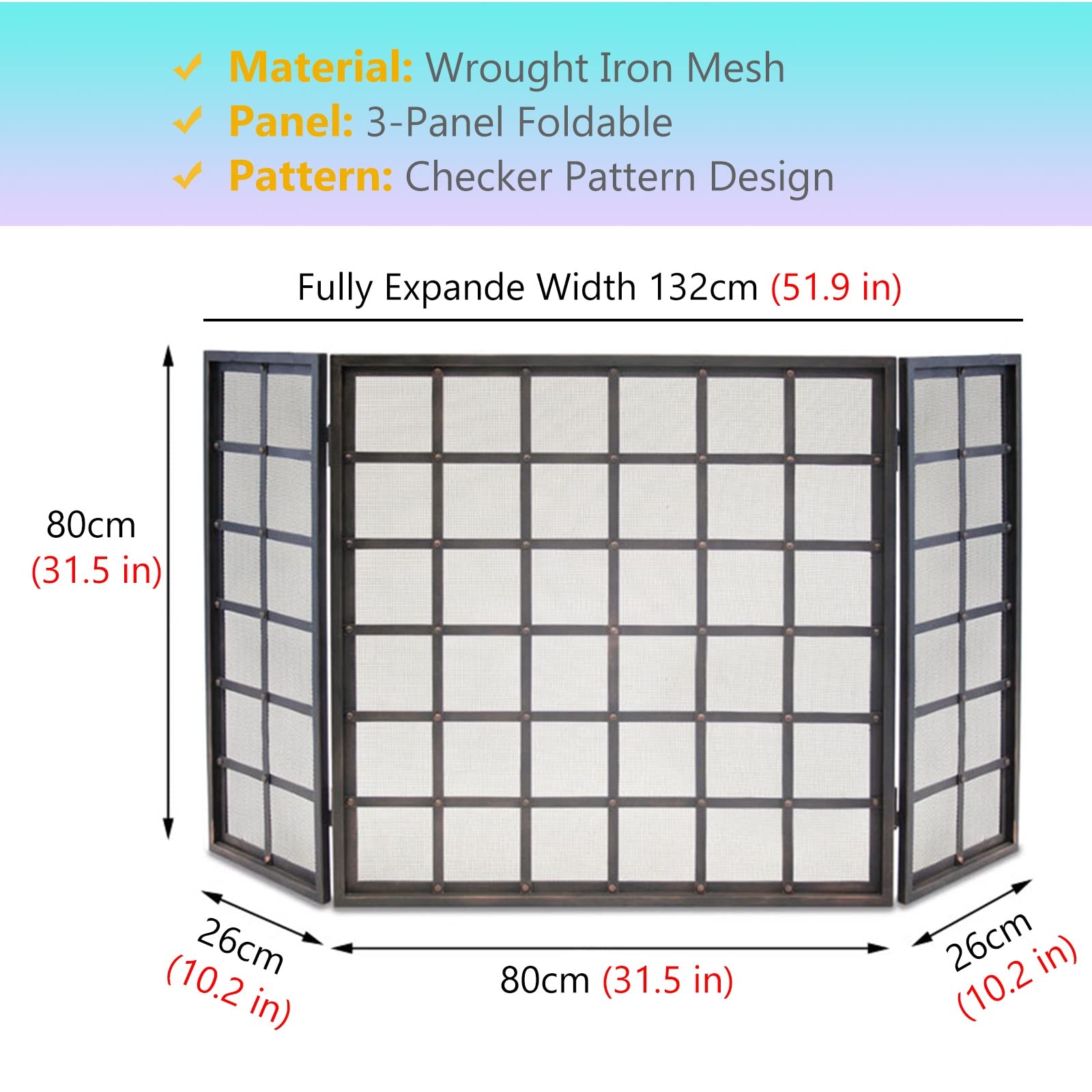 INKCOR Spark Guard Fireplace Screen - Industrial Style Forged Iron Foldable Fireplace Curtain for Living Room Decor, Large 132x80cm - Perfect for Fireplace Safety & Home Decoration