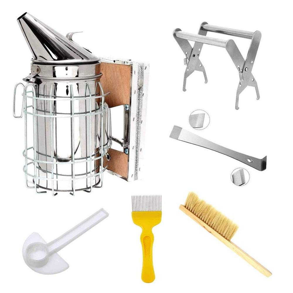 **6-Piece Beekeeping Starter Kit - Bee Smoker, Brush, Frame Grip, Scraper, Uncapping Fork & Feeder - Essential Honey Harvesting Tools for Beginners & Professionals - Perfect for Apiary, Hive Maintenance & Honey Extraction**