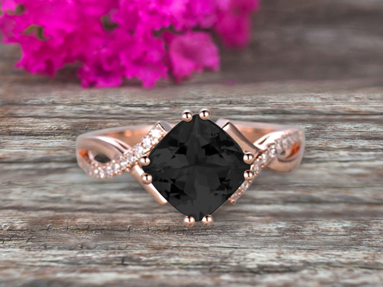 1.25 Carat Cushion Cut Black Diamond Moissanite Engagement Ring - Infinity Twisted Curved Promise Ring in 10k Rose Gold - Perfect for Proposals, Anniversaries & Romantic Gifts