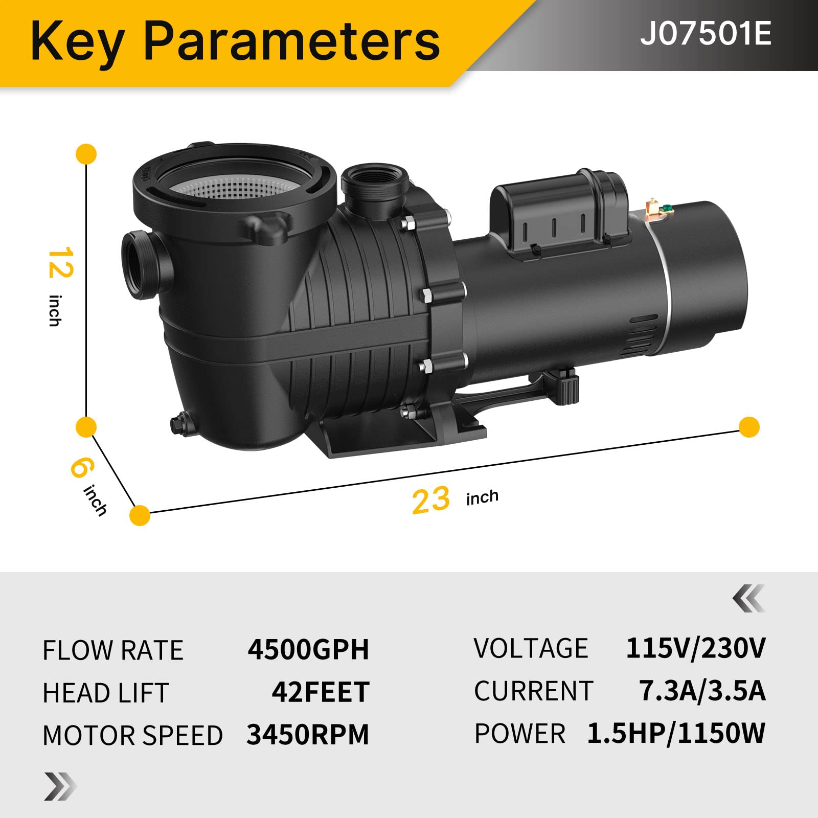 1.5 HP High-Efficiency Pool Pump - Dual Voltage 115V/230V | 4500GPH Max Flow & 42FT Head Lift | Energy Star Certified | 1.25/1.5/2 Inch Fittings | For Above Ground & Inground Pools | Perfect for Backyard Swimming Pools & Spa Maintenance | Model J07501E