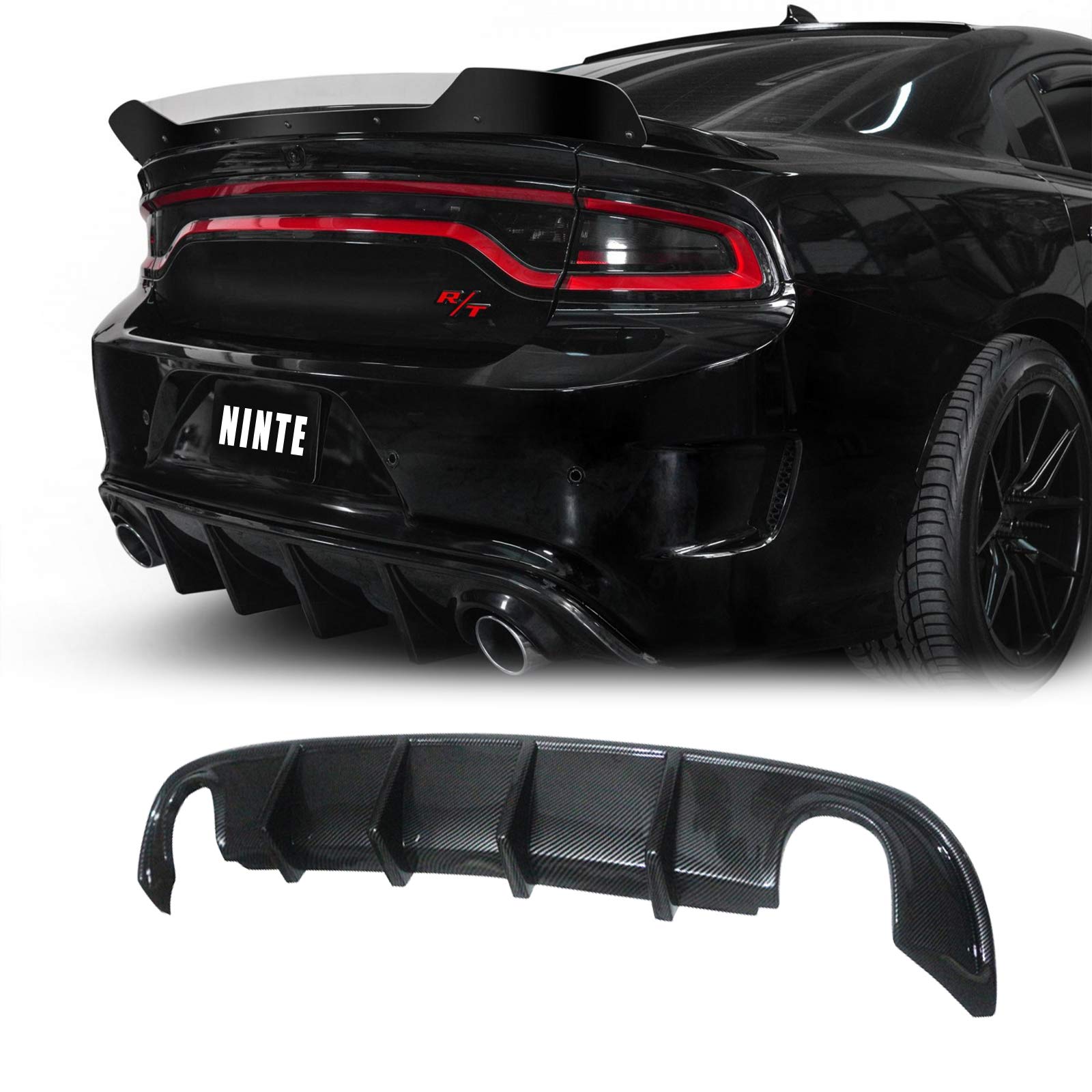 NINTE Carbon Fiber Rear Diffuser for 2015-2023 Dodge Charger RT/SXT/SE - Shark Fin Lower Bumper Lip (Fits Circle Exhaust Ports Only) | Aggressive Styling Upgrade for Street Racing & Car Shows