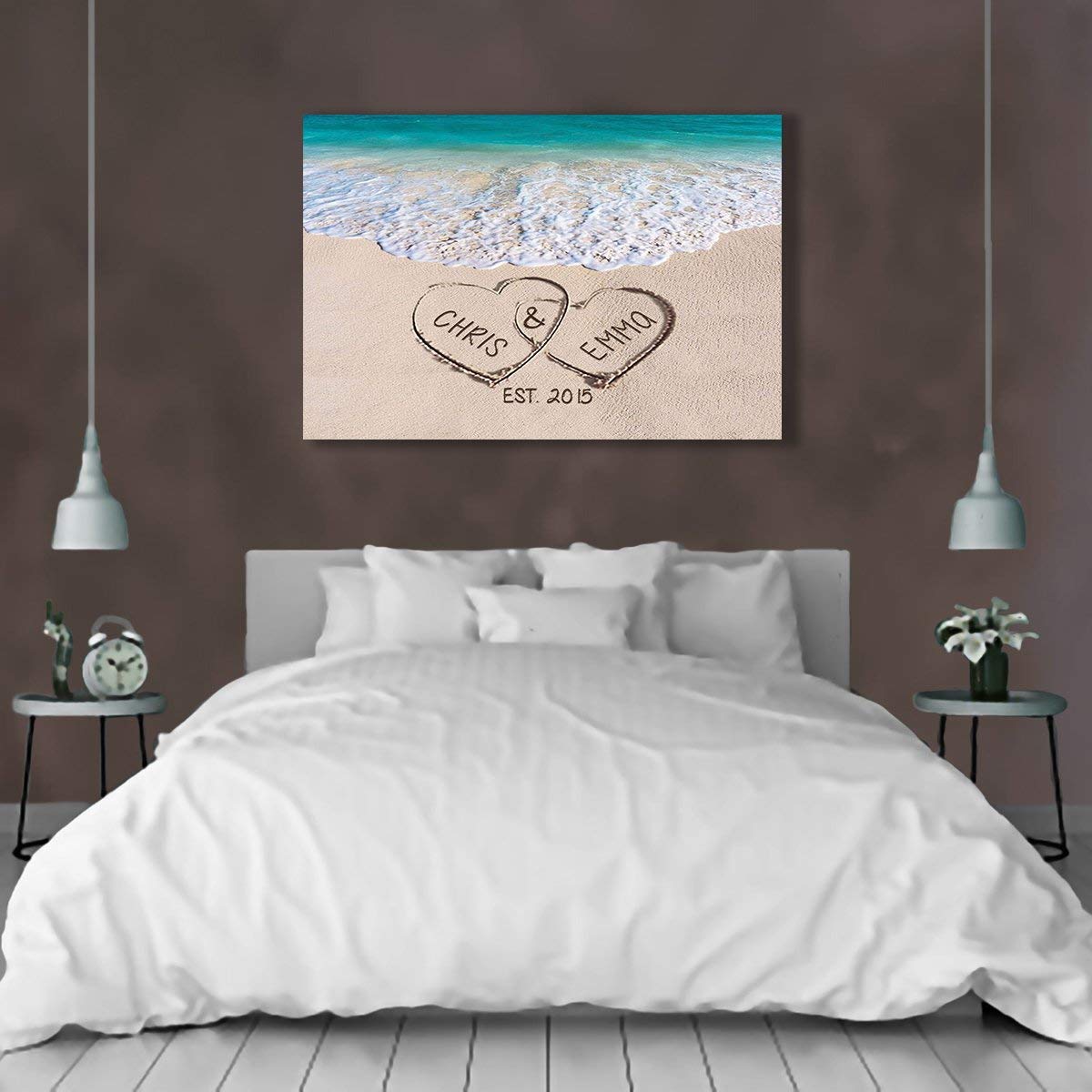 Personalized Love On Beach Canvas Print - Custom Two Hearts Wall Art for Couples, Wedding Gift, Anniversary Present - Perfect for Home Decor, Bedroom, Living Room & Romantic Gifts