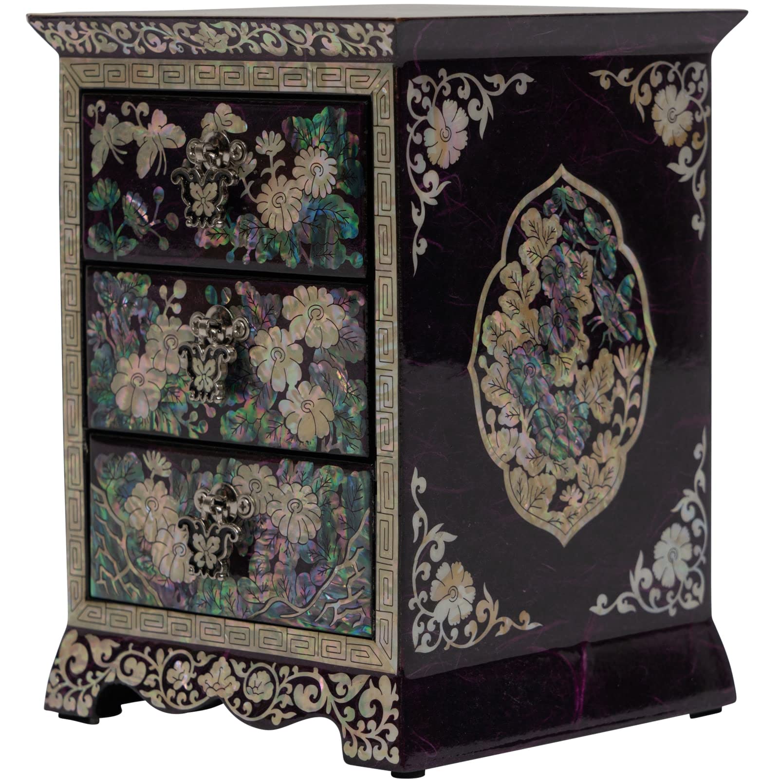 February Mountain Mother of Pearl Wooden Jewelry Box - 3 Drawer Organizer for Necklaces, Earrings, Bracelets & Rings - Elegant Purple Storage Case | Perfect for Bedroom Vanity, Travel & Gift Giving