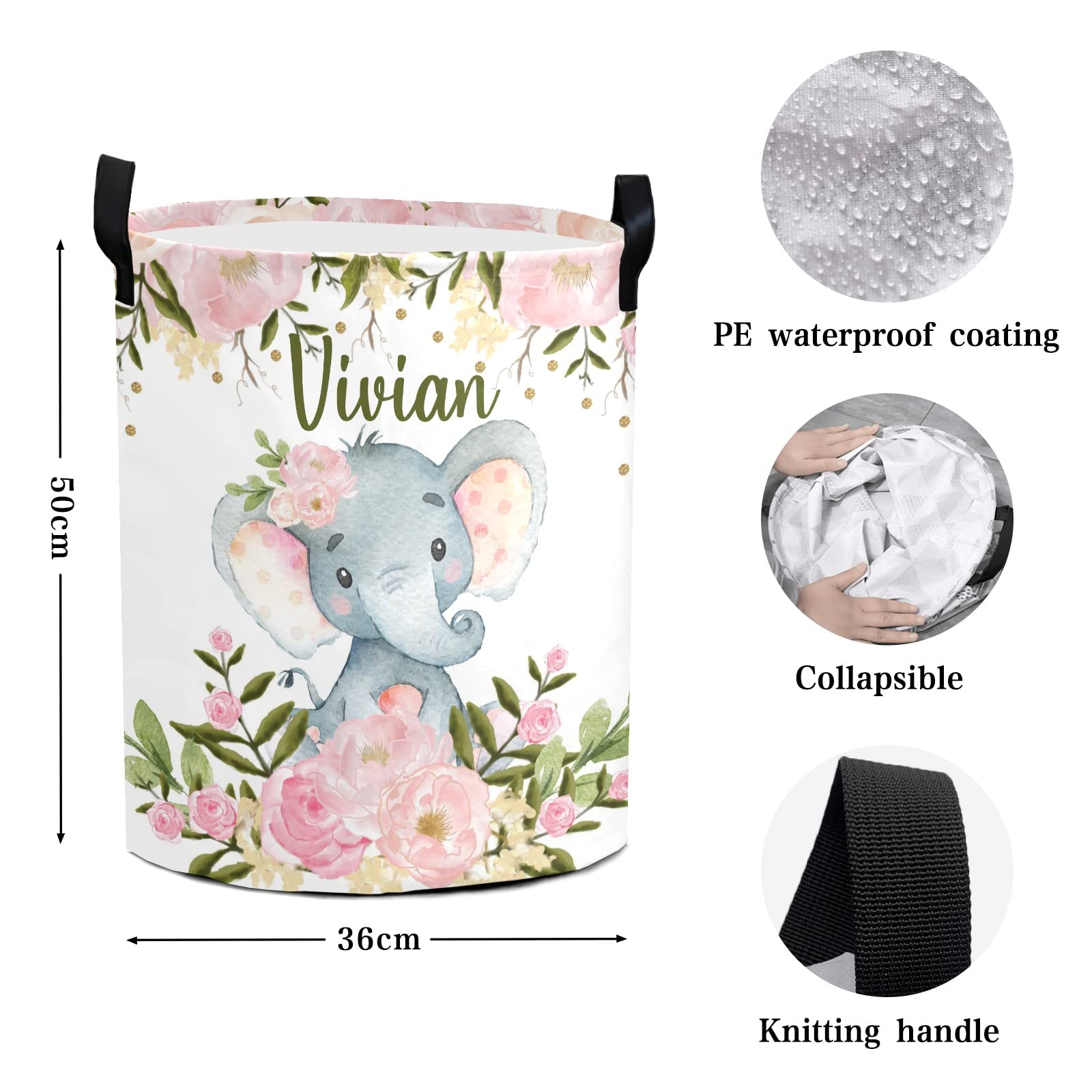 Personalized Floral Elephant Laundry Hamper with Handle - Custom Name Storage Basket for Clothes & Toys | Perfect for Bathroom, Bedroom, Nursery & Kids Room Organization
