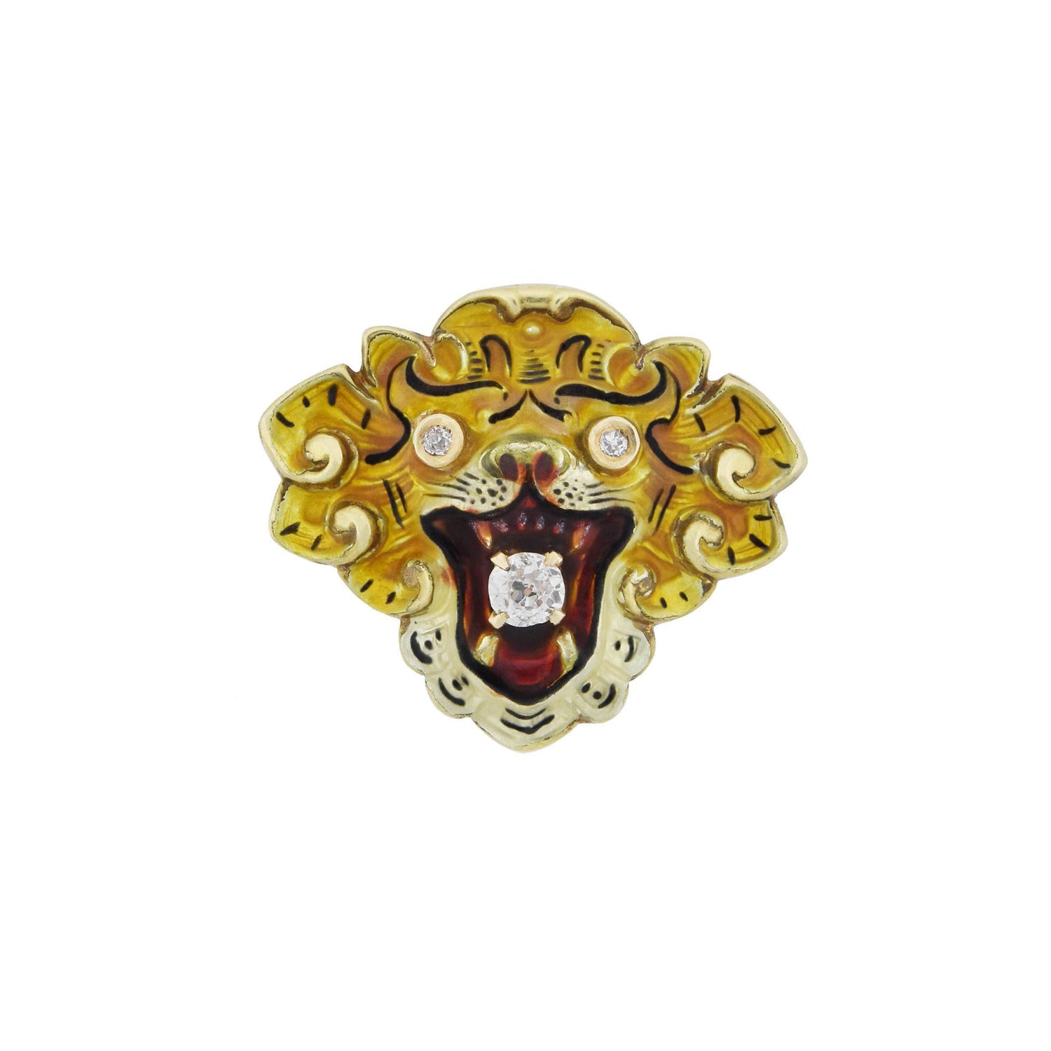 14K Gold Victorian Diamond & Enamel Lion Pendant Necklace - 0.25 Carat Total Weight - Elegant Vintage Jewelry for Women, Gift for Anniversary & Special Occasions