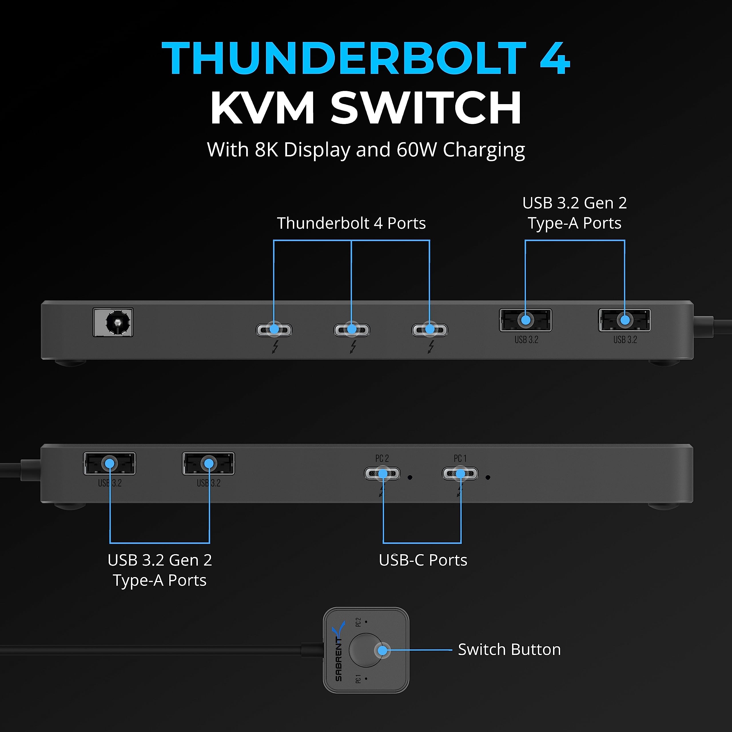 Sabrent Thunderbolt 4 KVM Switch - 3x Thunderbolt 4 USB-C 40Gbps, 2x USB-C 60W PD 3.0 Charging, 4x USB-A 3.2 Gen 2x2 10Gbps | 4K@144Hz & 8K@60Hz DSC Support | Perfect for Multi-Computer Workstations, Gaming Setups & Home Office Productivity (SB-TB4K)