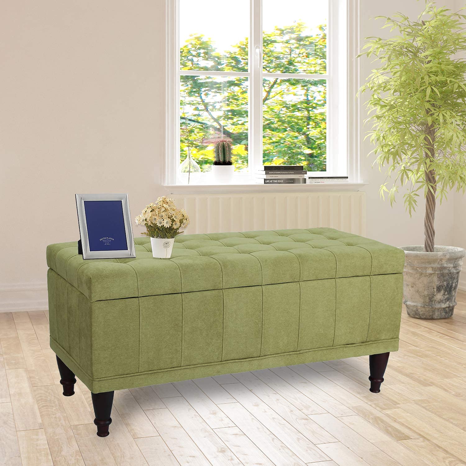 Joveco 41 Inch Storage Ottoman Bench - Tufted Microfiber Footrest with Hidden Compartment, Multi-Functional Seat for Living Room, Bedroom & Entryway (Grass Green) - Perfect for Extra Seating, Storage & Home Decor