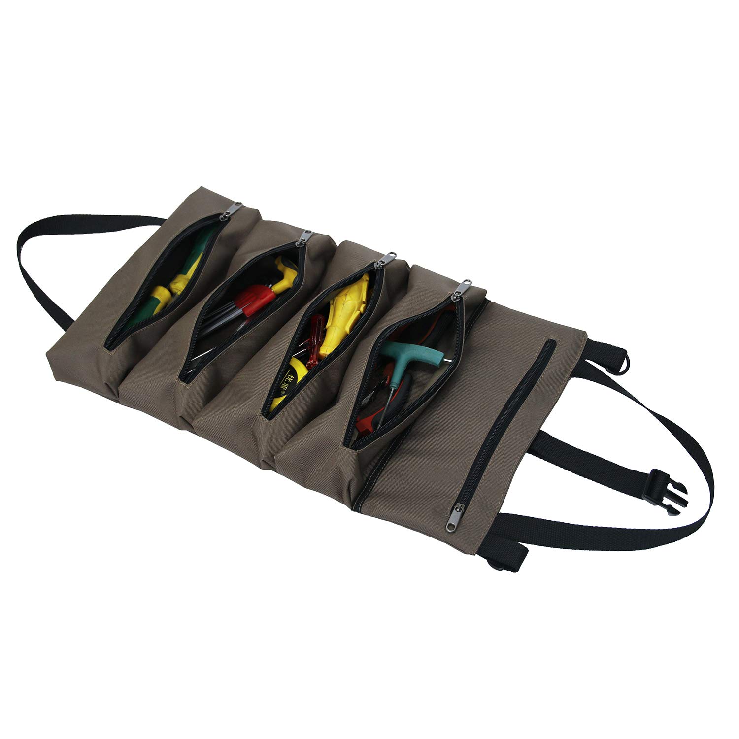 Heavy Duty Canvas Tool Roll Up Bag with 5 Zipper Pockets - Multi-Purpose Wrench Organizer & Hanging Pouch for Electricians, HVAC Mechanics, Carpenters - Portable Tote Carrier Bag (Dark Khaki) | Ideal for Workshop, Garage, Job Site & DIY Projects