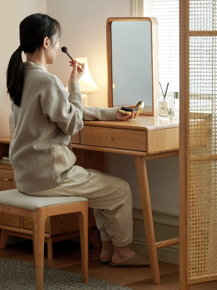 Solid Oak Wood Extendable Vanity Dressing Table with Mirror - Perfect for Bedroom Makeup & Jewelry Storage