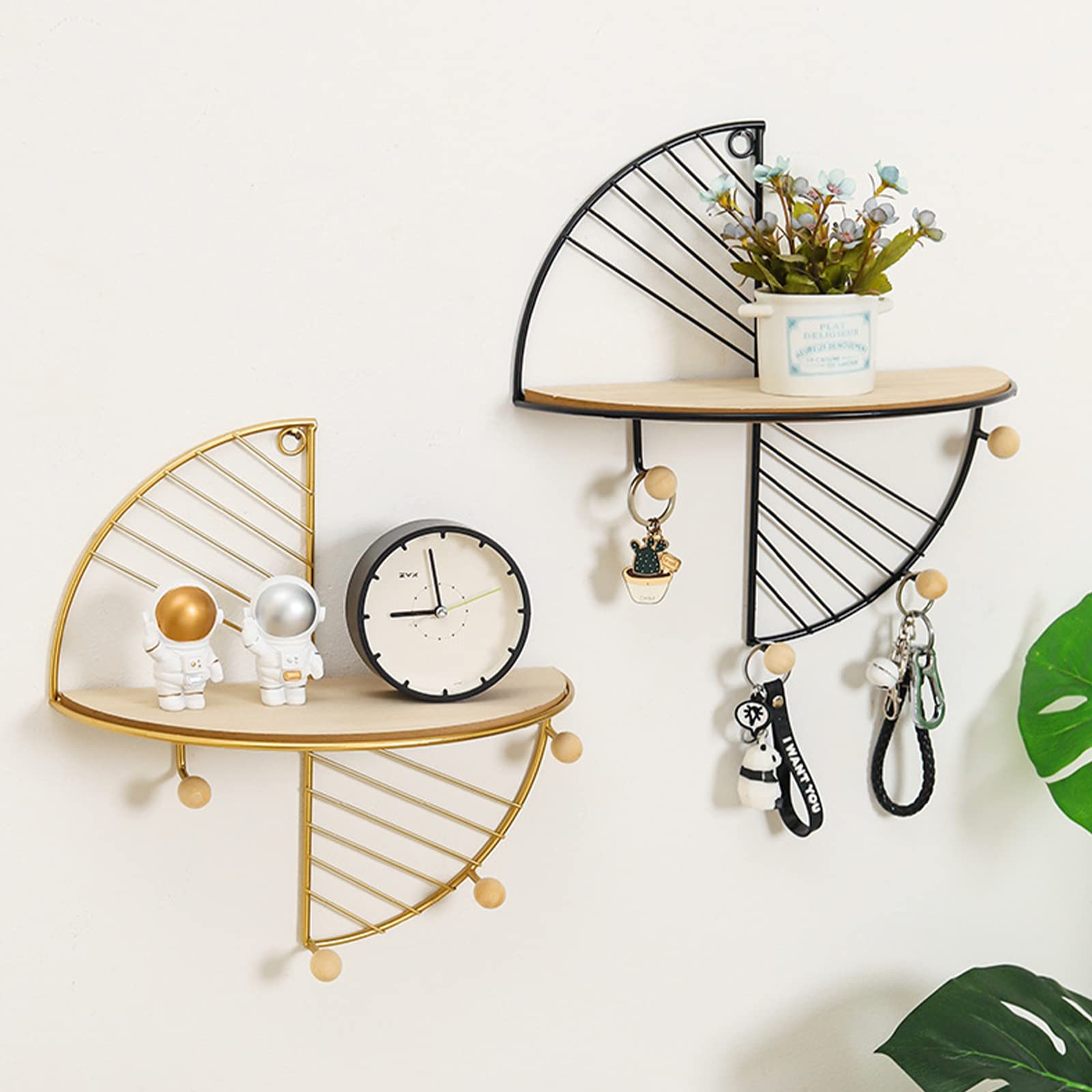 Floating Shelves Wall Mounted - Half Round Wood & Metal Semi-Circle Wall Shelf - Decorative Hanging Shelves for Living Room, Bathroom, Kitchen - Perfect for Displaying Plants, Books & Home Decor