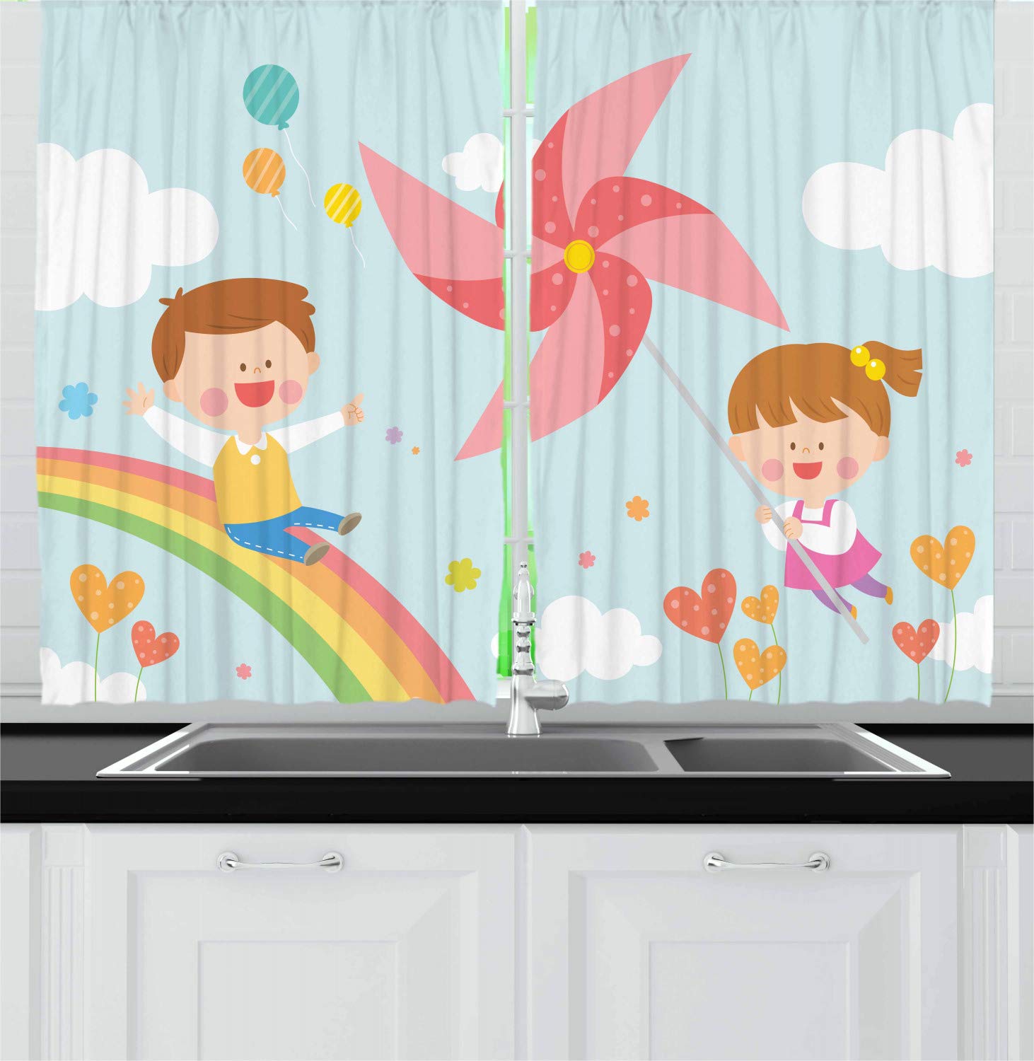Ambesonne Pinwheel Kitchen Curtains - Rainbow Heart Flower Design, 2 Panel Window Drapes for Kitchen & Cafe Decor, 55 x 39 Inches, Multicolor - Perfect for Boho Style Kitchens, Breakfast Nooks & Coffee Shops