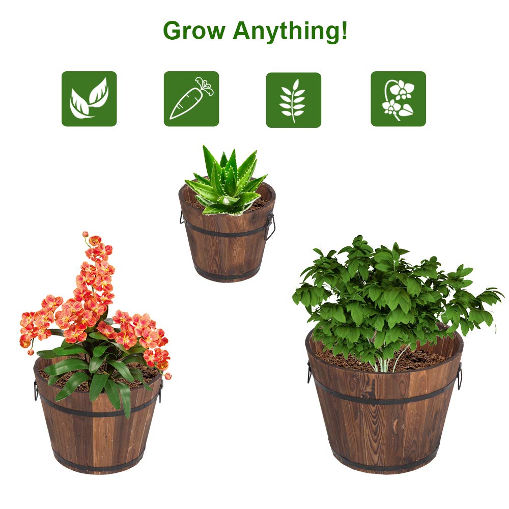 3 Pcs Wooden Planter Barrel Set with Handle & Drainage Holes - Rustic Whiskey Barrel Flower Pots for Plants, Herbs, Vegetables - Indoor & Outdoor Garden Decor for Patio, Balcony, Backyard
