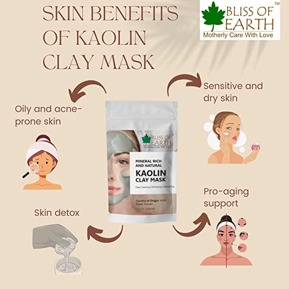 Bliss of Earth 100% Pure White Kaolin & Bentonite Clay Powder Combo | 2X100GM | Premium Grade Natural Facial Mask for Detox & Glowing Skin | DIY Skincare, Acne Treatment & Spa Day Essential