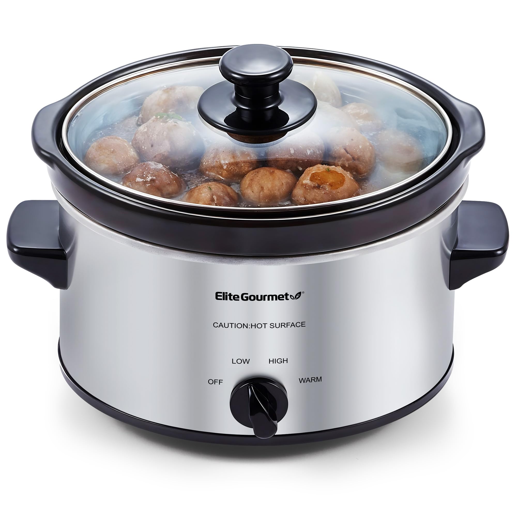 Elite Gourmet 2 Quart Stainless Steel Electric Slow Cooker with Adjustable Temperature - Perfect for Entrees, Sauces, Stews & Dips - Dishwasher Safe Glass Lid & Crock - Ideal for Family Dinners, Potlucks & Meal Prep
