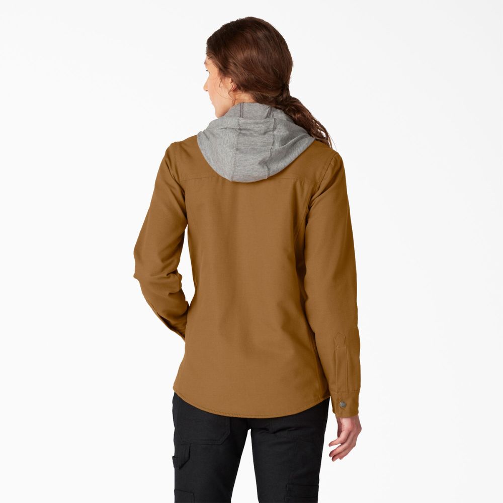 Dickies Women's Duck Hooded Shirt Jacket - Brown FJ077 | Water-Resistant Workwear for Outdoor Activities & Casual Wear