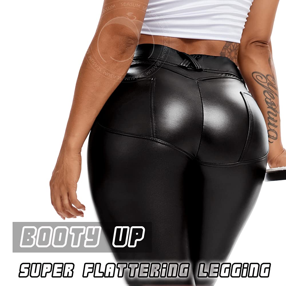 SEASUM Faux Leather Leggings - High Waisted Butt Lifting Pants for Women, Perfect for Night Out & Party
