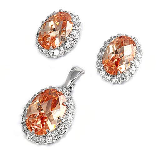 Champagne & Clear CZ Halo Oval Earrings with .925 Sterling Silver Pendant Set - Elegant Jewelry for Weddings, Parties & Special Occasions