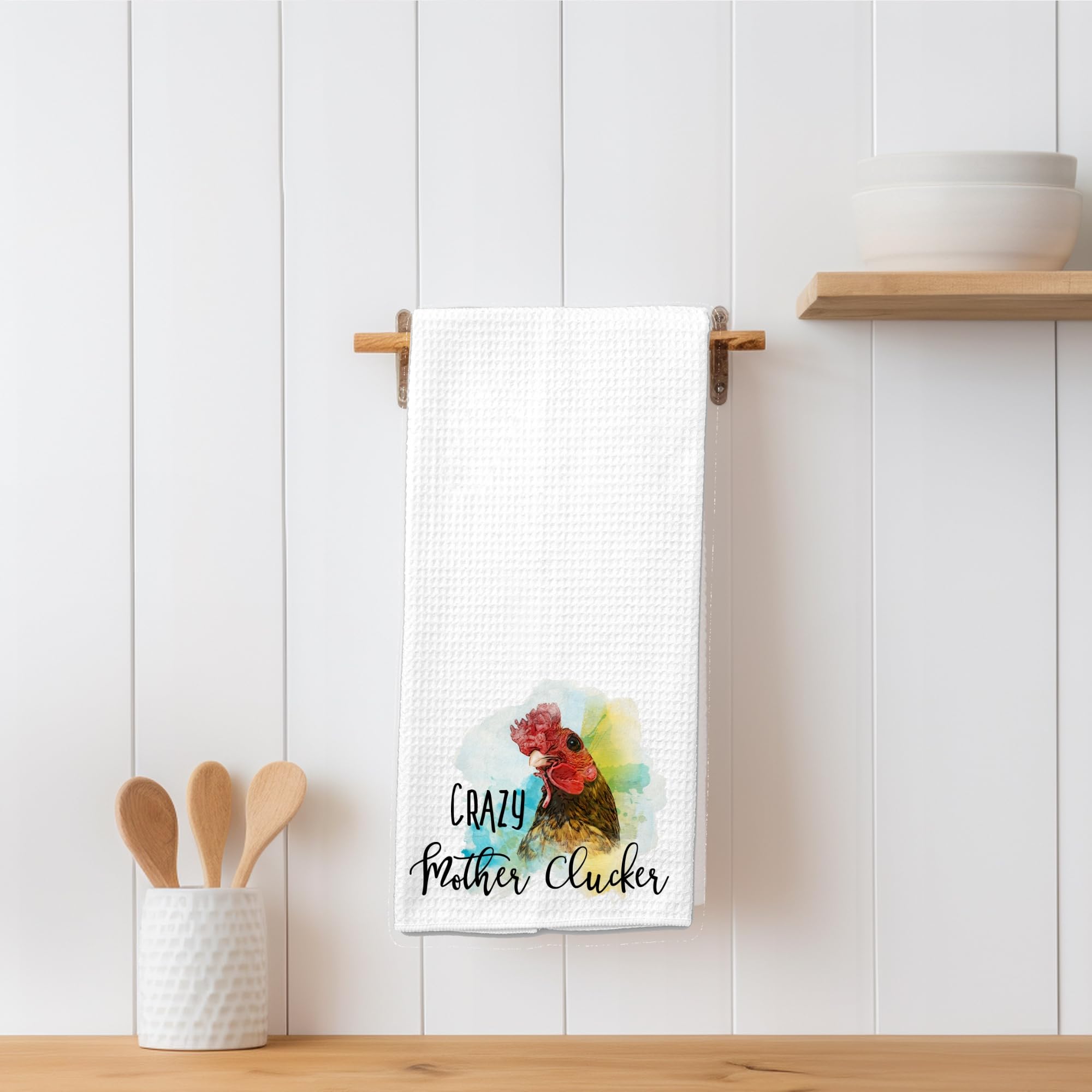 Funny Crazy Mother Clucker Rooster Chicken Design Farmhouse Kitchen Towel - Microfiber Waffle Weave Dish Towels for Drying Dishes - Perfect Farm Rustic Gift for Friends & Country Home Decor