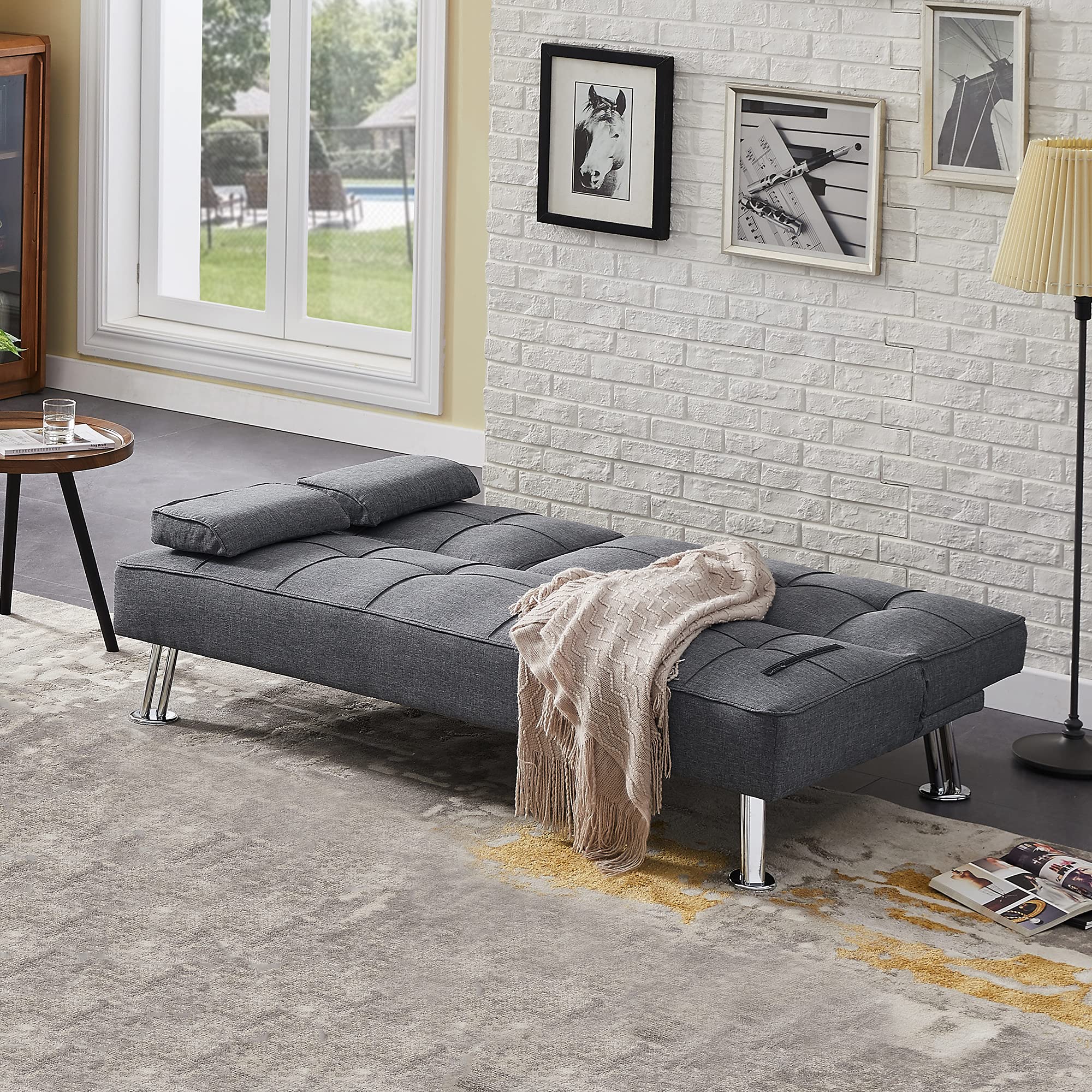 Convertible Folding Futon Sofa Bed - Modern Loveseat Sleeper with 2 Cup Holders, Removable Armrests & Sturdy Metal Legs | Linen Fabric Upholstered Couch for Small Spaces, Guest Room & Studio Apartments (Gray)