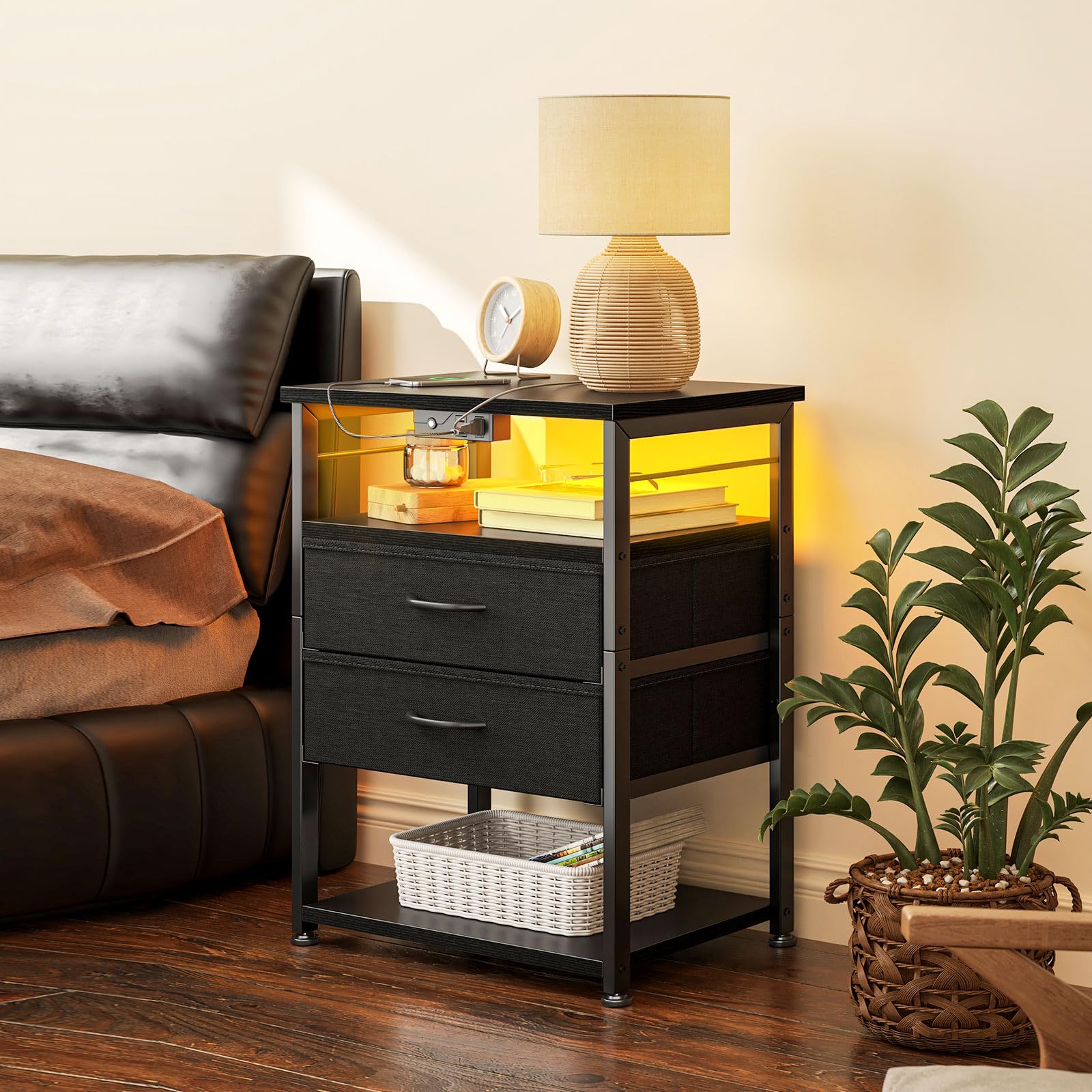 AODK 4-Tier Nightstand with Charging Station & Drawers - Tall Bedside End Table for Bedroom, Black | Perfect for Small Spaces, Apartment Living & Modern Bedroom Storage Needs