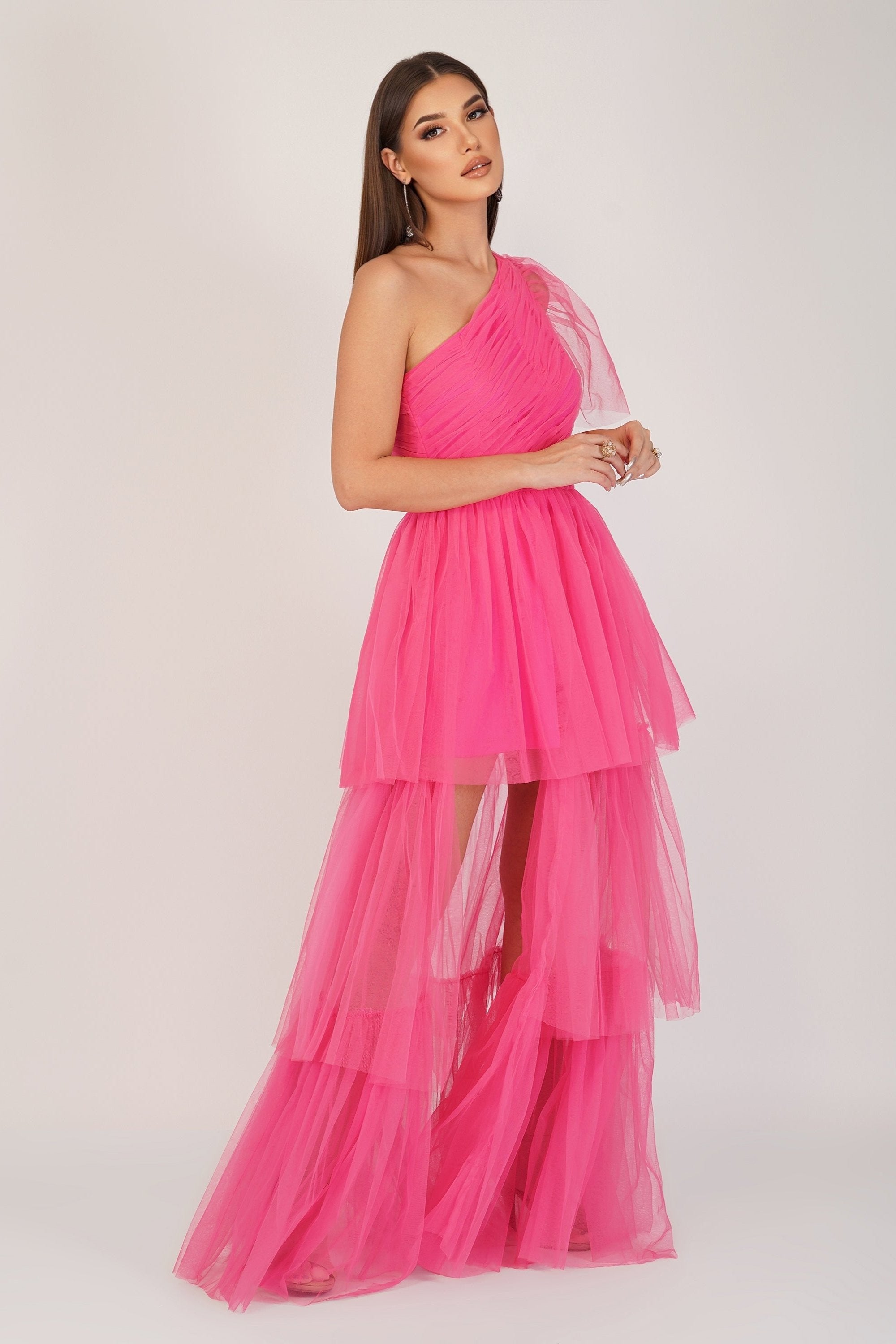 Rowena Bright Pink One Shoulder Tulle Gown - Elegant Prom Dress for Women, Formal Evening Gown for Special Occasions, Wedding Guest Dress, Quinceañera Ball Gown