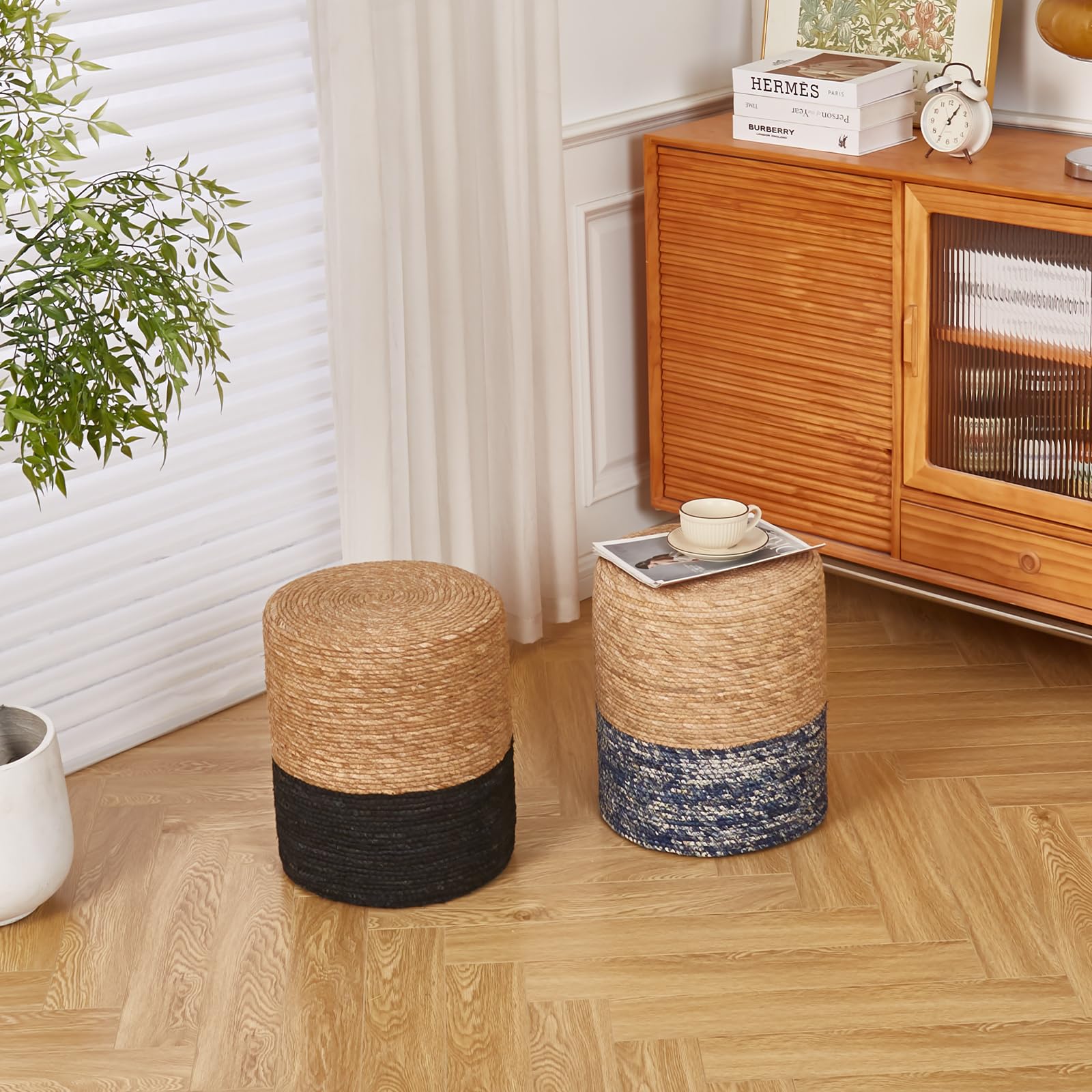 Wimarsbon Natural Seagrass Handwoven Round Ottoman Footstool - Eco-Friendly Living Room & Outdoor Seating (Natural & Blue) - Perfect for Home Decor, Patio Furniture, and Cozy Reading Nooks