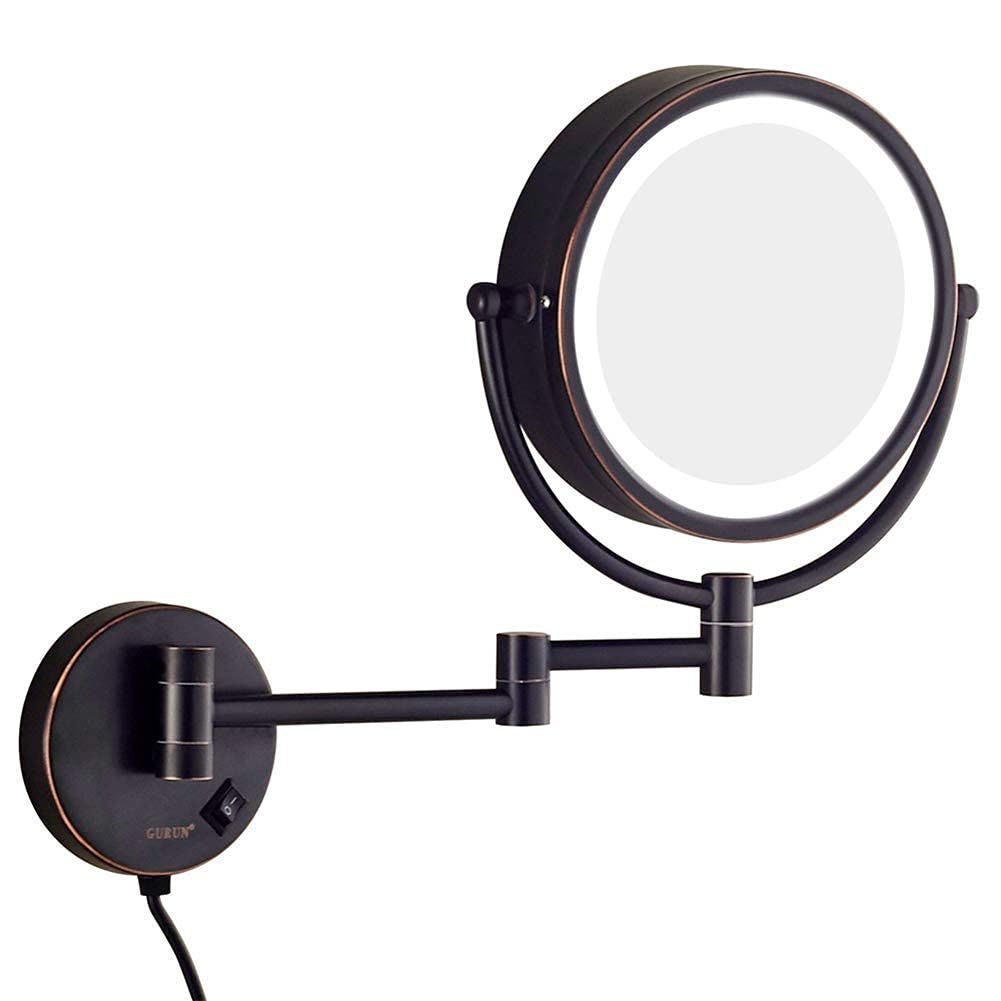 XIAOQIANG Lighted Makeup Mirror with Magnification - 7X Folding Extendable Vanity Mirror with Brass Finish, LED Lights & Electrical Plug - Perfect for Bathroom, Dressing Room & Travel Makeup Application