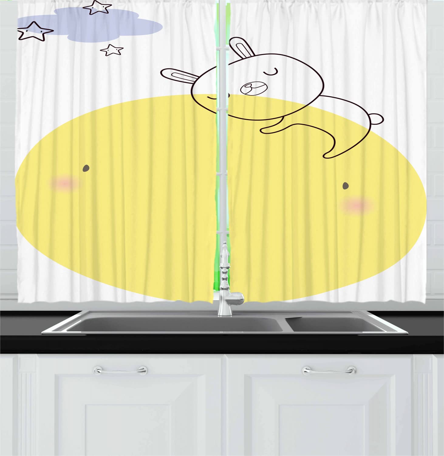 Ambesonne Moon Long Kitchen Curtains - Doodle Style Cartoon Bunny Sleeping on Moon with Stars & Clouds, Colorful Printed Window Drapes with Rod Pocket, 55
