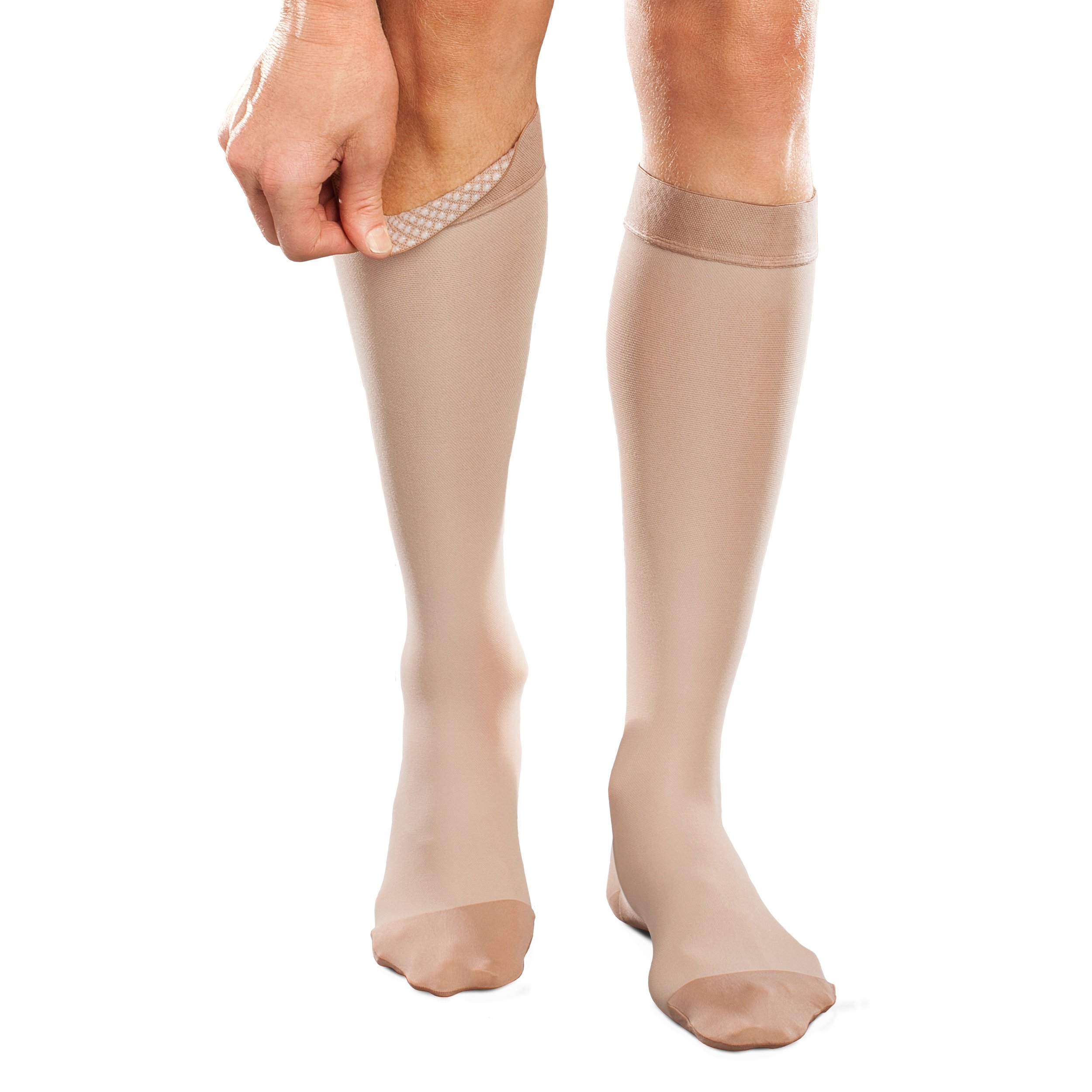 Ease Opaque Silicone Support Band Knee High Compression Socks - 20-30mmHg Moderate Pressure Medical Stockings for Women & Men (Sand, Large Short) - Perfect for Travel, Varicose Veins & Circulation Support