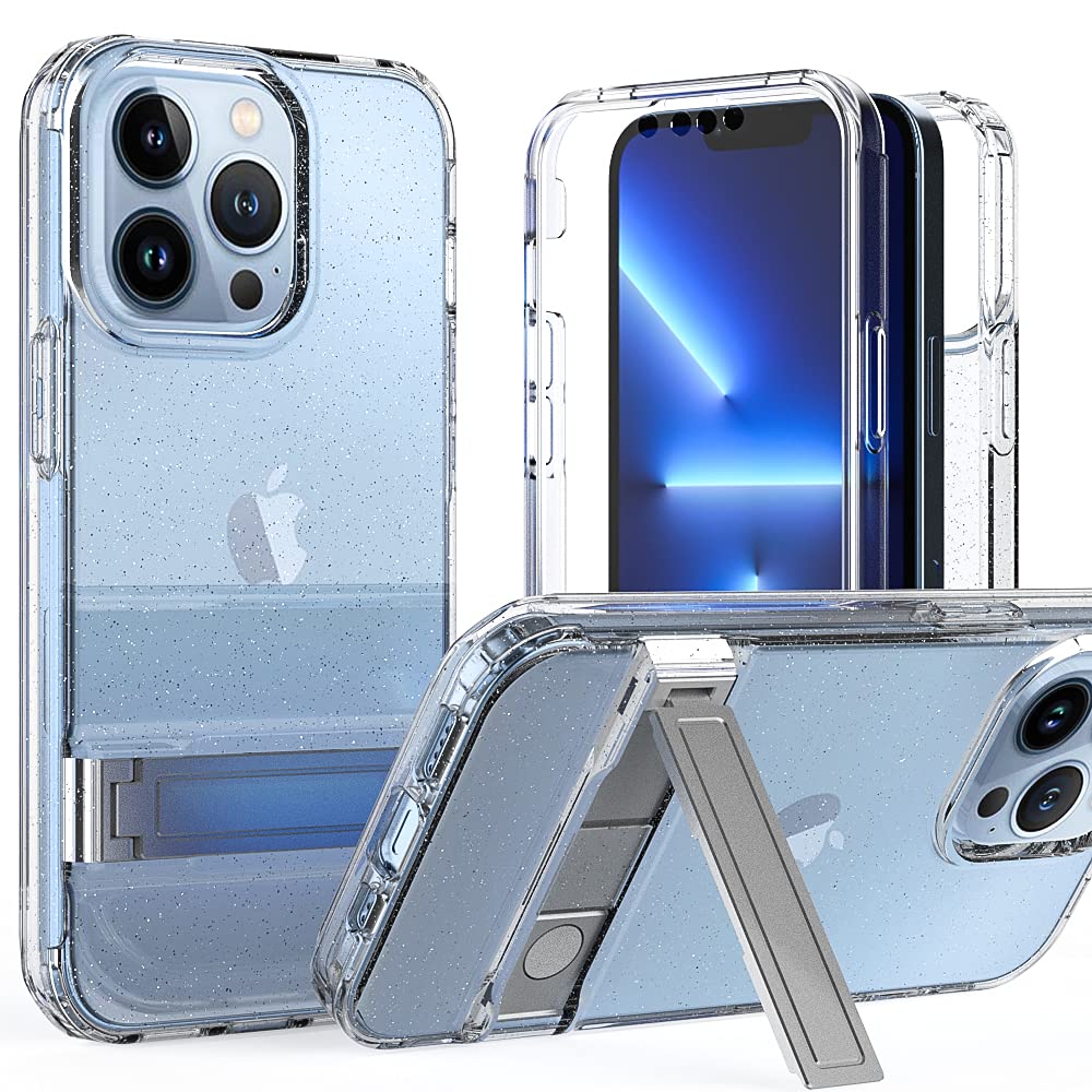 Clear Shockproof Phone Case for iPhone 13 (6.1-inch) with Kickstand & Built-in Screen Protector | Ultra-Slim Protective Cover | 360° Drop Protection | Perfect for Work, Travel & Outdoor Activities