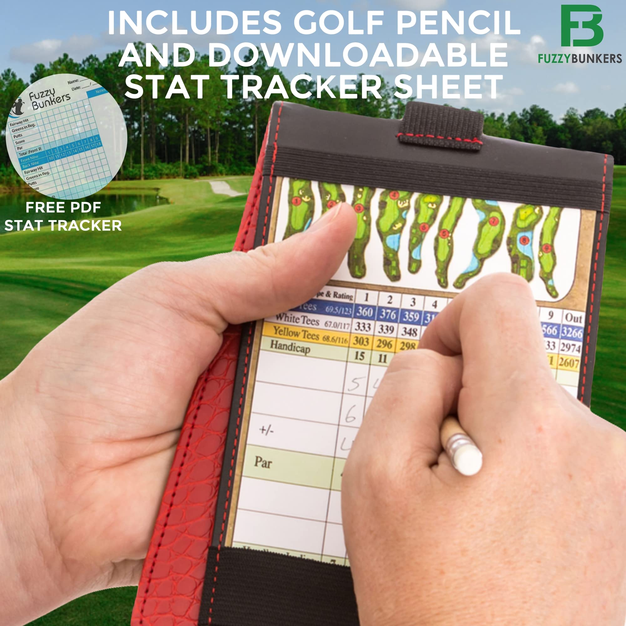 Premium Leather Golf Scorecard Holder & Yardage Book Cover with Free Pencil & Stat Tracker - Durable Golf Accessories for Course Play & Tournament Tracking