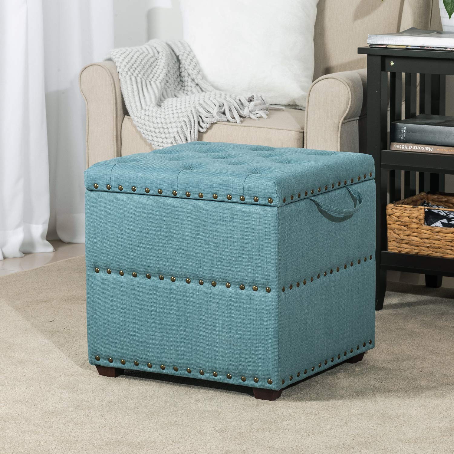 Adeco European Style Fabric Storage Ottoman Bench with Wooden Legs & Nailhead Trim - Blue Cube Footstool for Living Room, Bedroom & Entryway