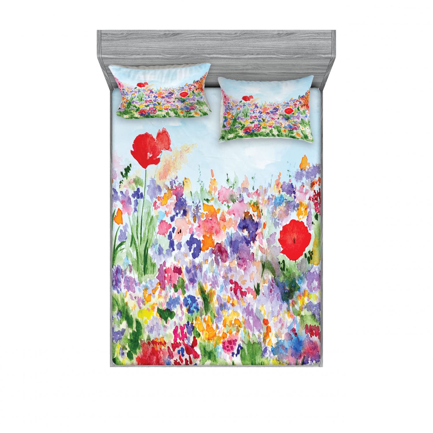 Ambesonne Floral King Size 2-Pack Fitted Sheet Set with 4 Pillow Shams - Summer Blooms Pattern in Red Green & Purple - Soft Bedding Decor for Master Bedroom, Guest Room & Vacation Homes