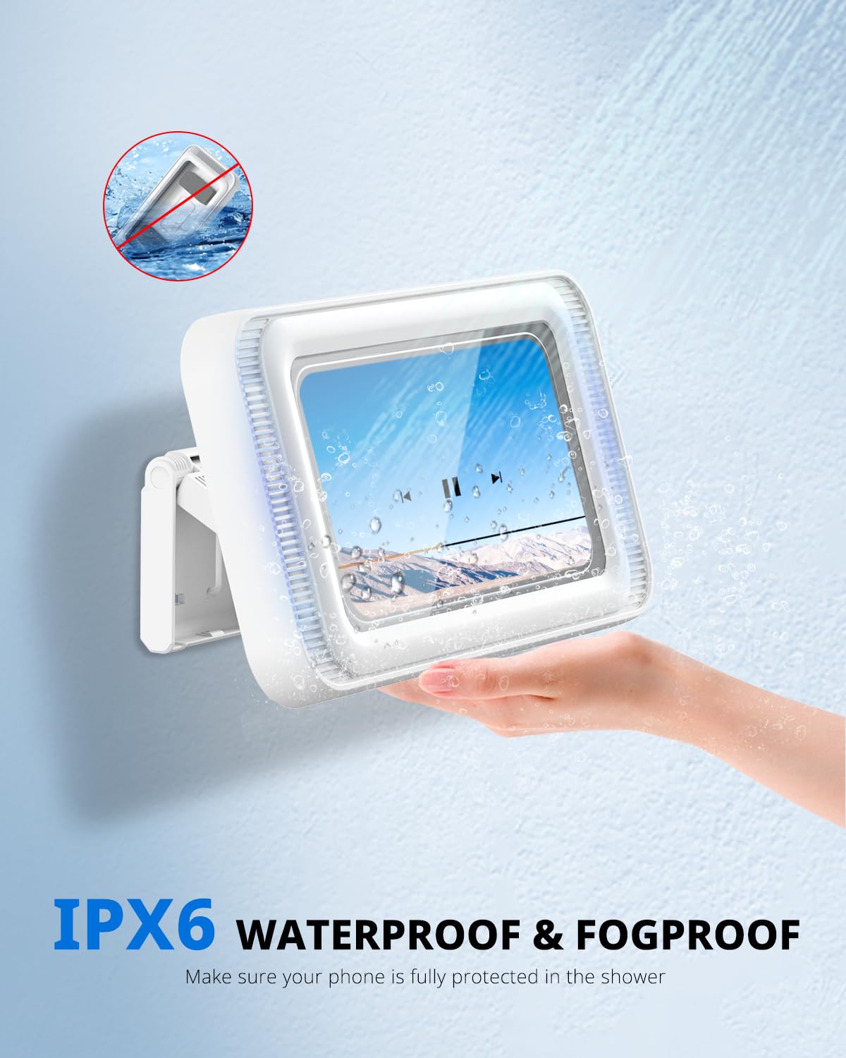 Waterproof Shower Phone Holder with Speaker - Universal Mount for Bathroom, Bathtub, Kitchen & Wall Mirror - Fits Smartphones up to 7 Inches (White) - Perfect for Hands-Free Music, Videos & Calls in Wet Areas
