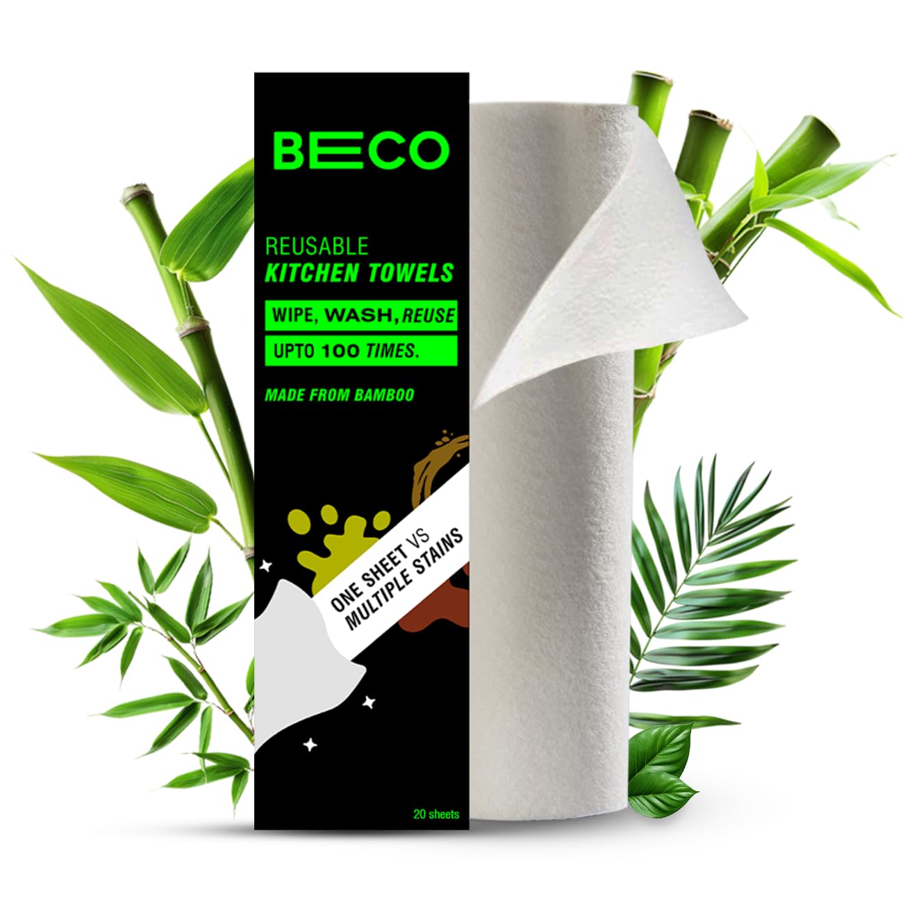 Beco Reusable Bamboo Kitchen Towels - 20 Sheets | Super Soft & Highly Absorbent | Eco-Friendly & Tree-Free | Sustainable Alternative to Paper Towels | Perfect for Kitchen Cleaning, Wiping Spills, and Everyday Use