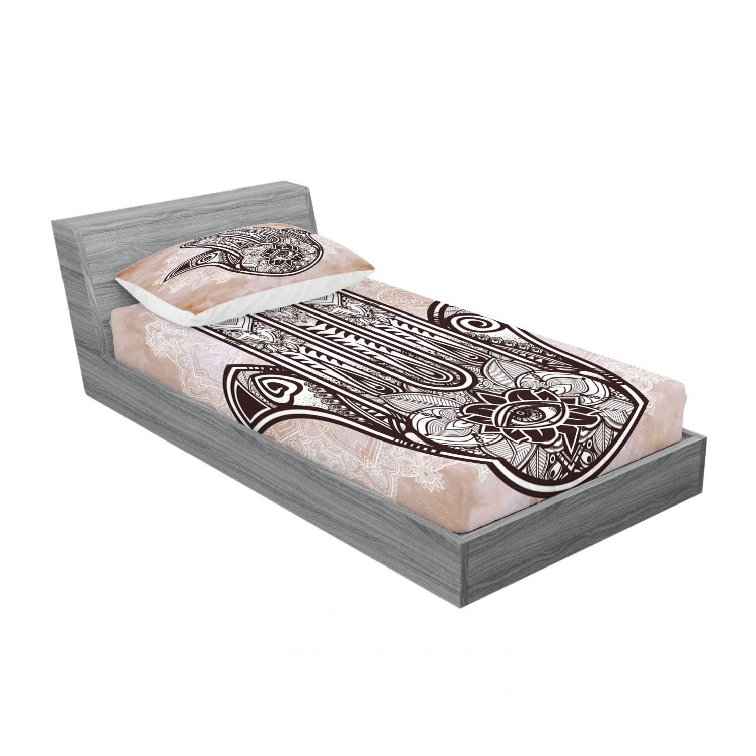 Ambesonne Hamsa 2-Pack Twin Fitted Sheet & Pillow Sham Set - Mystic Mandala Eastern Design, 4-Piece Bedding Decor in Brown & Cream | Perfect for Boho Bedrooms, Guest Rooms & Meditation Spaces